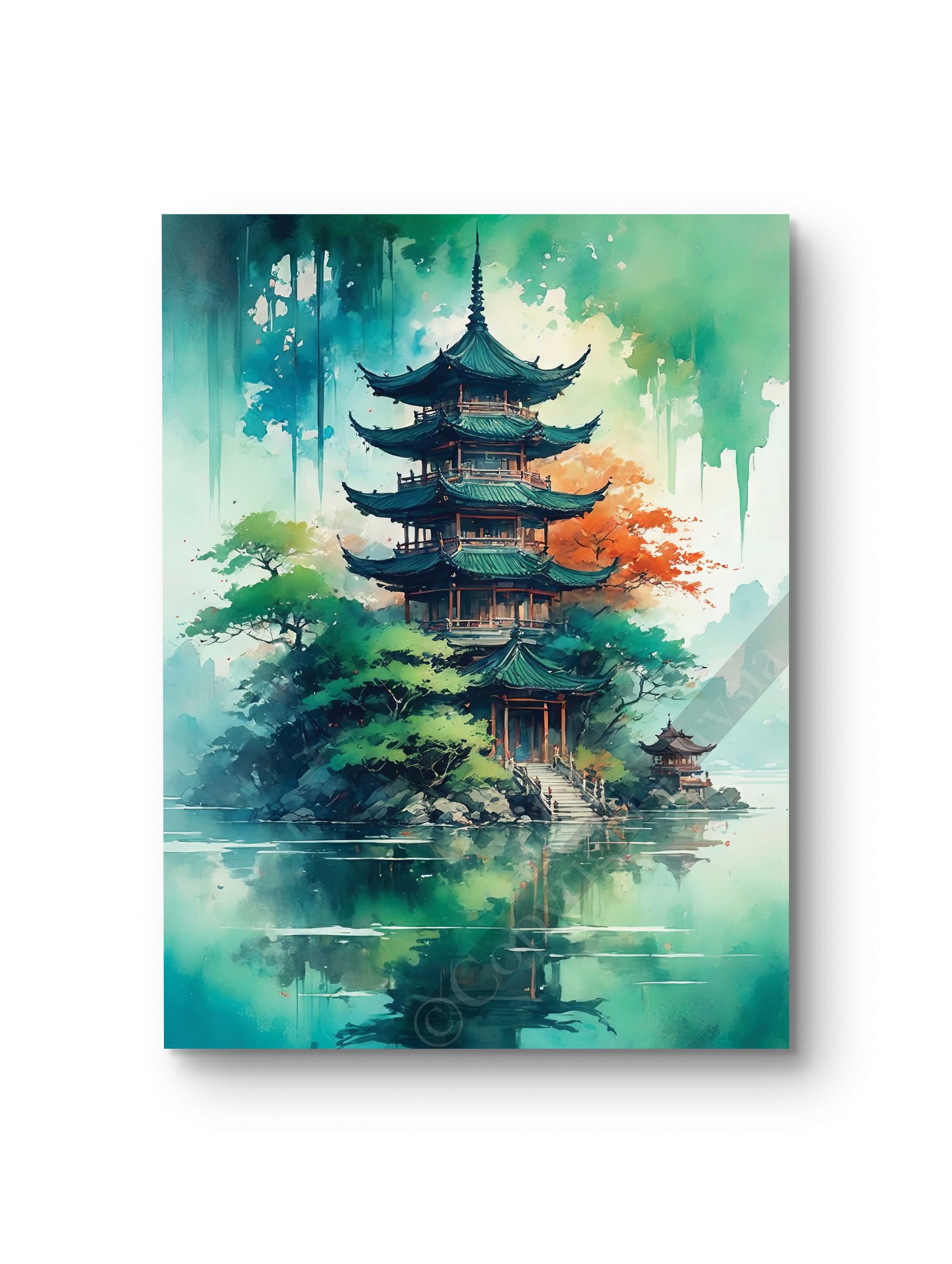Tableau sur aluminium représentant une pagode traditionnelle entourée d’une végétation luxuriante.