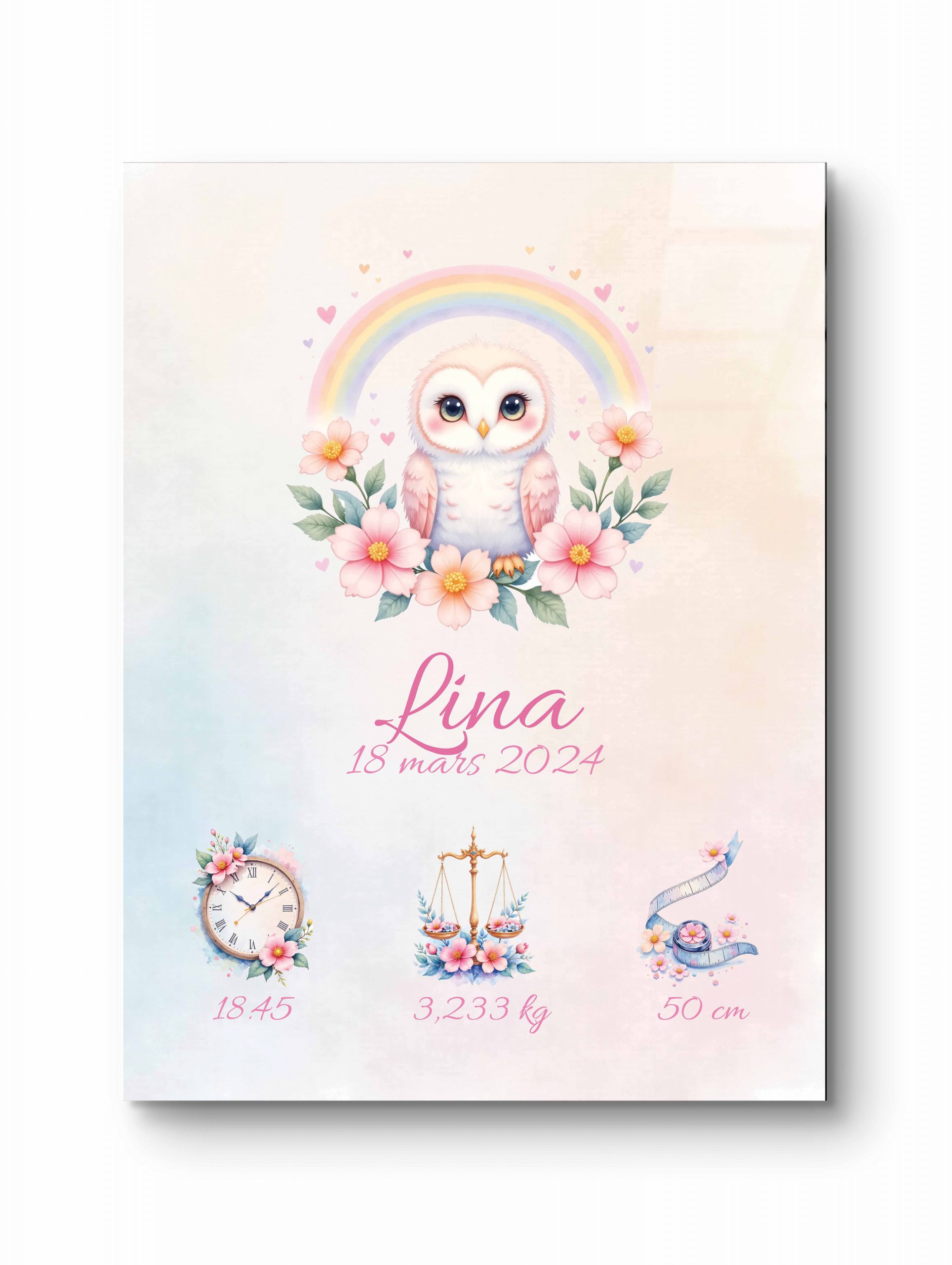 Affiche naissance mettant en avant une chouette rêveuse sous un arc-en-ciel lumineux.