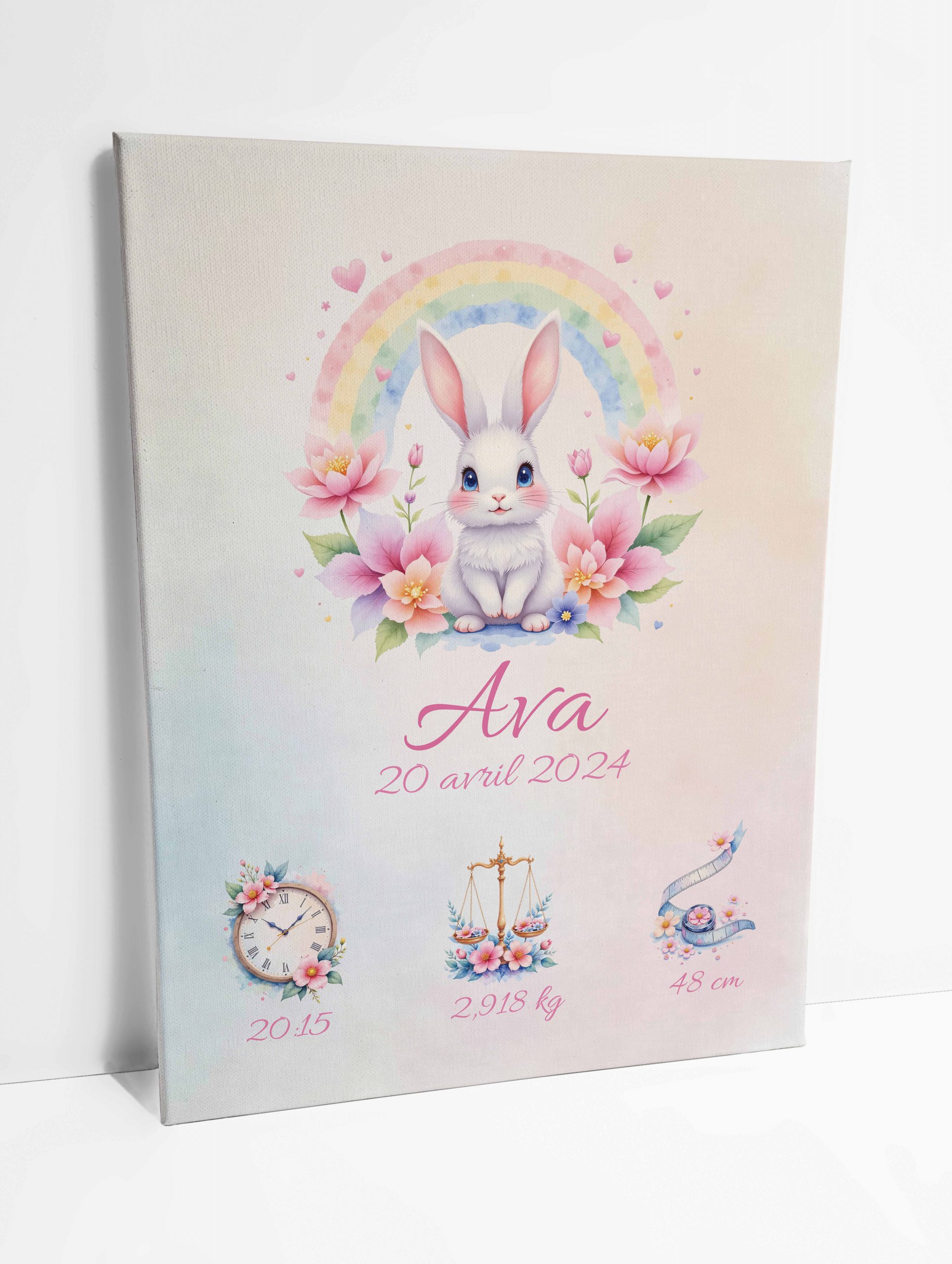 Affiche naissance personnalisée avec un lapin entouré de fleurs et d’un arc-en-ciel enchanteur.