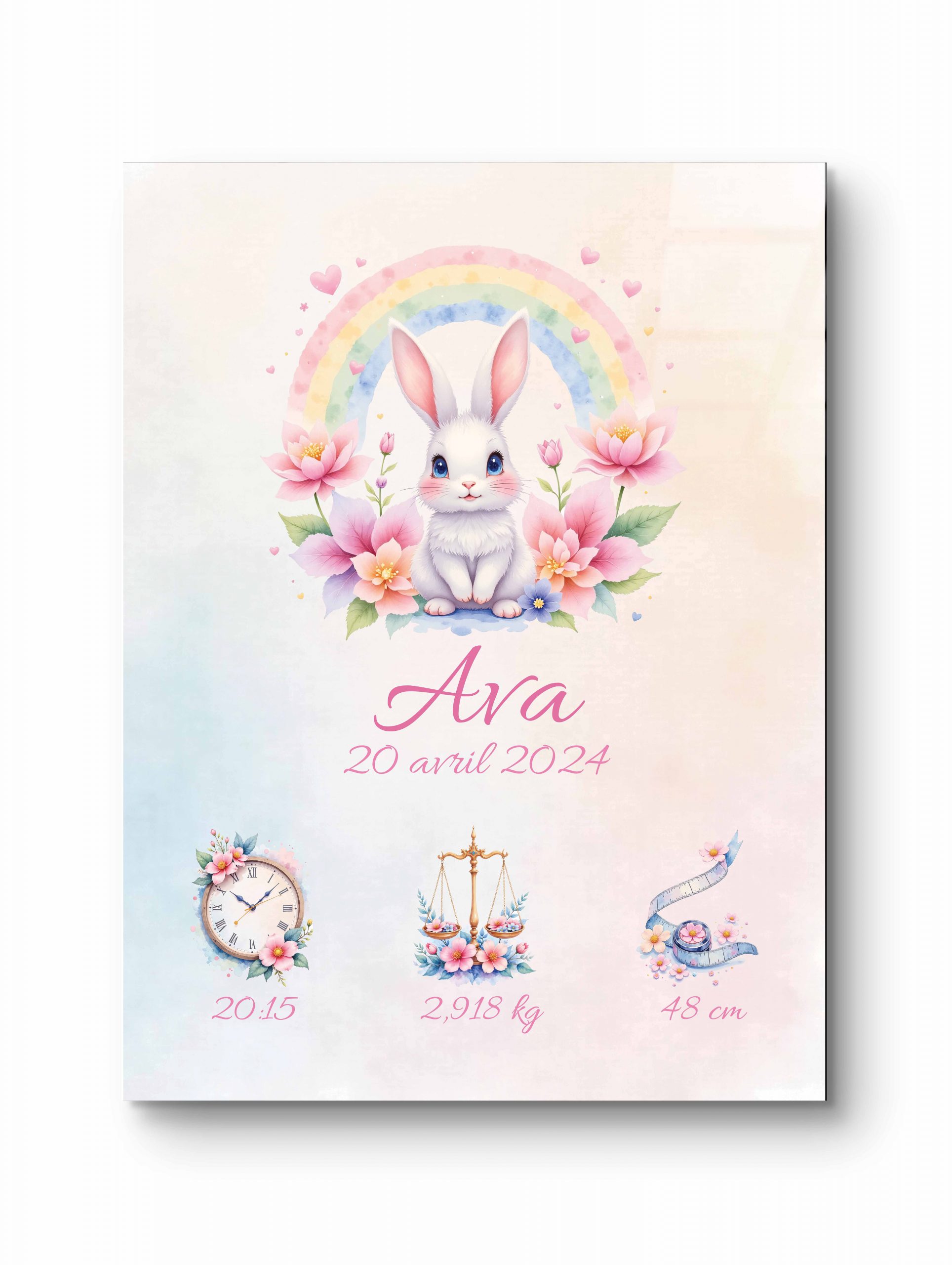 Affiche naissance personnalisée avec un lapin entouré de fleurs et d’un arc-en-ciel enchanteur.