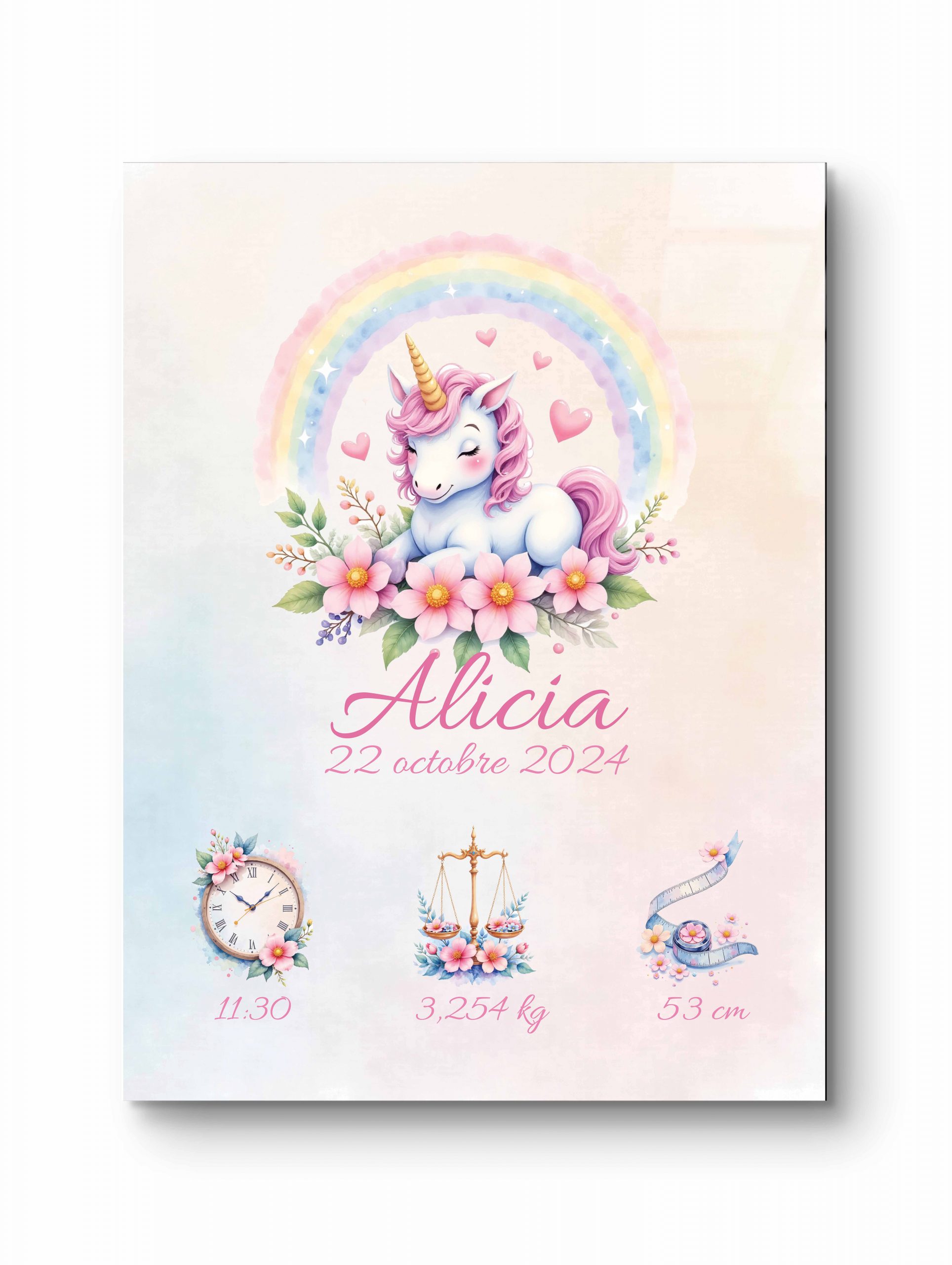 Affiche naissance féerique illustrant une licorne sous un arc-en-ciel pastel, accompagnée des informations de naissance.