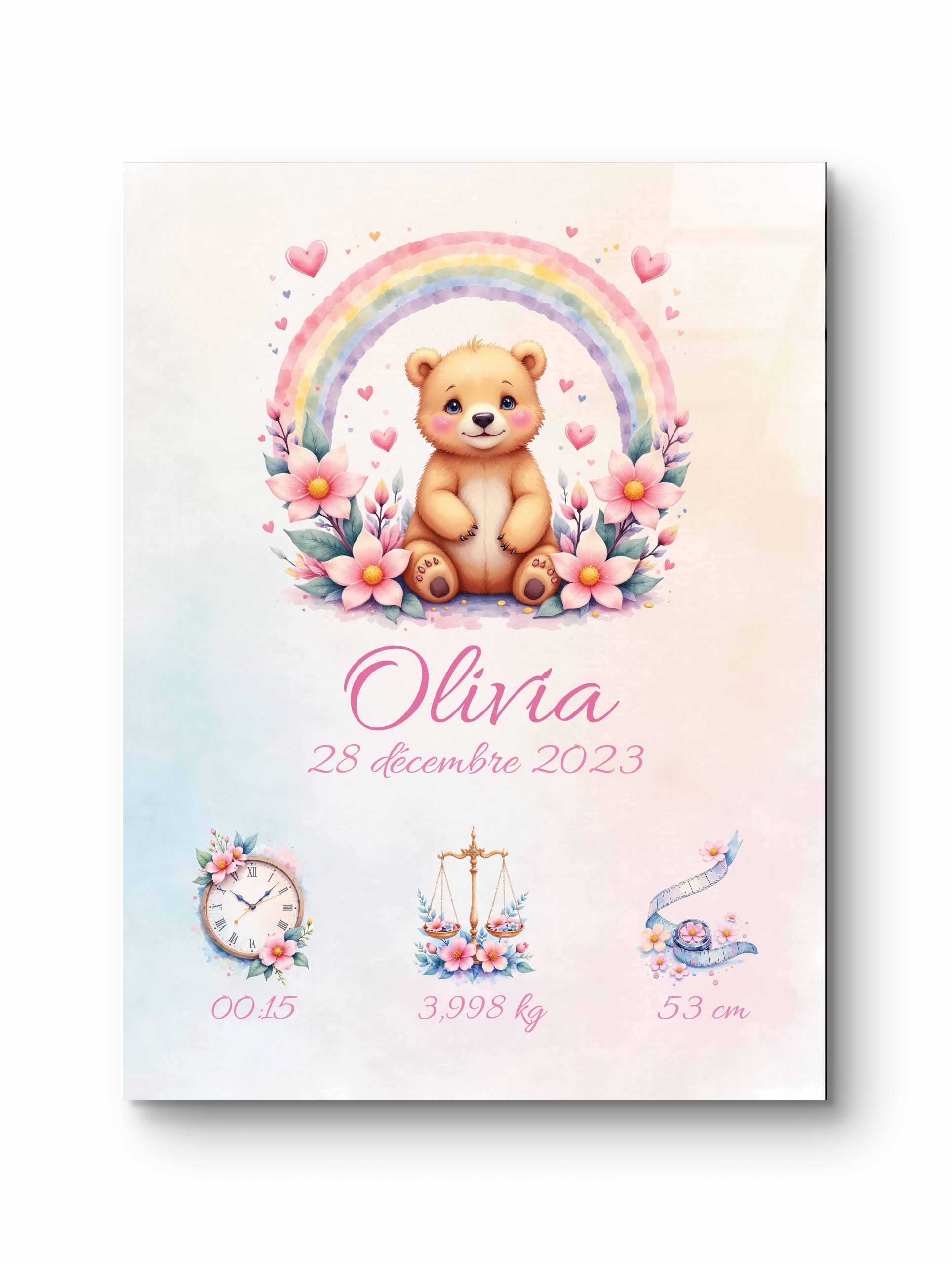 Affiche naissance mettant en scène un ourson sous un arc-en-ciel coloré.