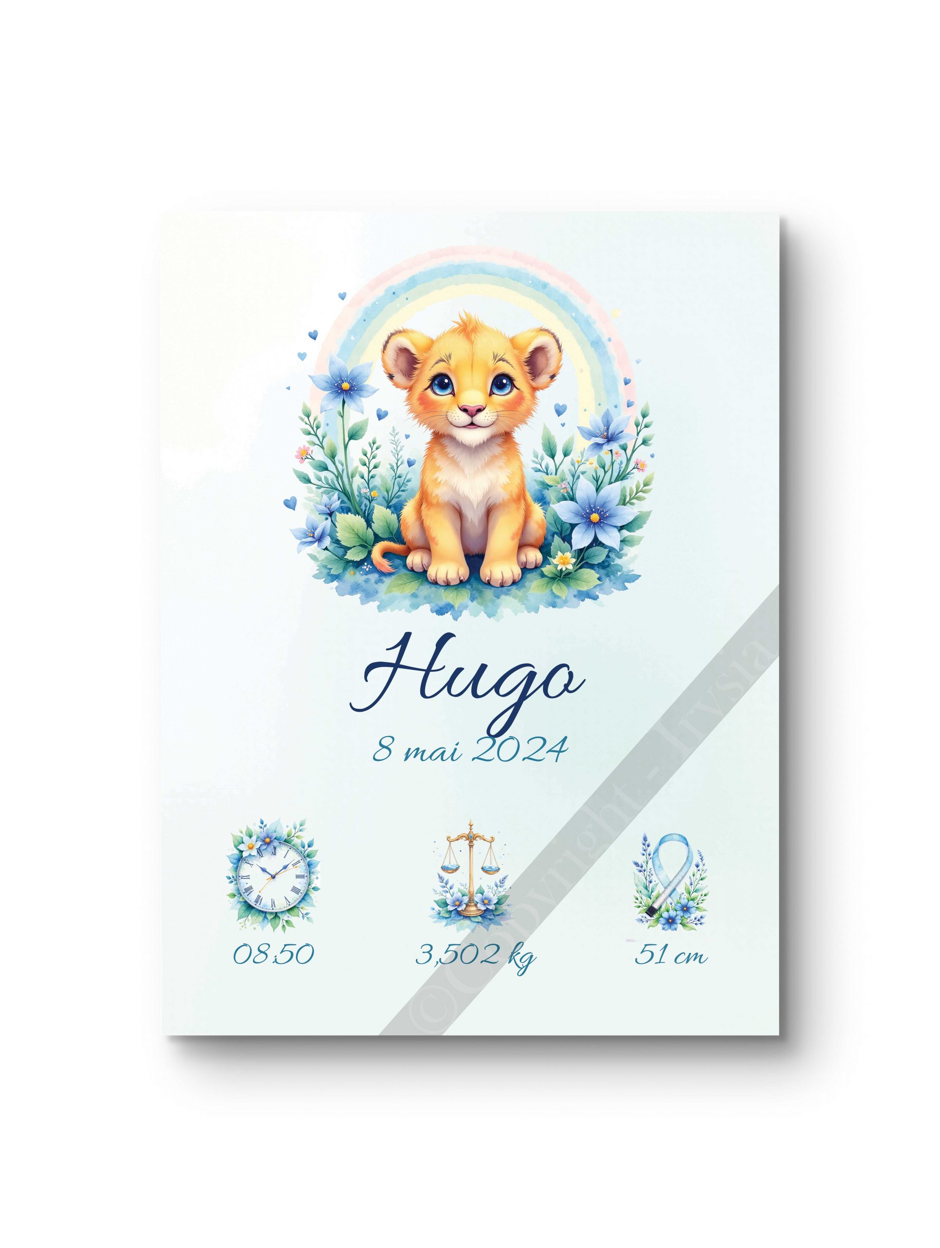 Cadre naissance mettant en avant un lionceau sous un décor floral et arc-en-ciel.