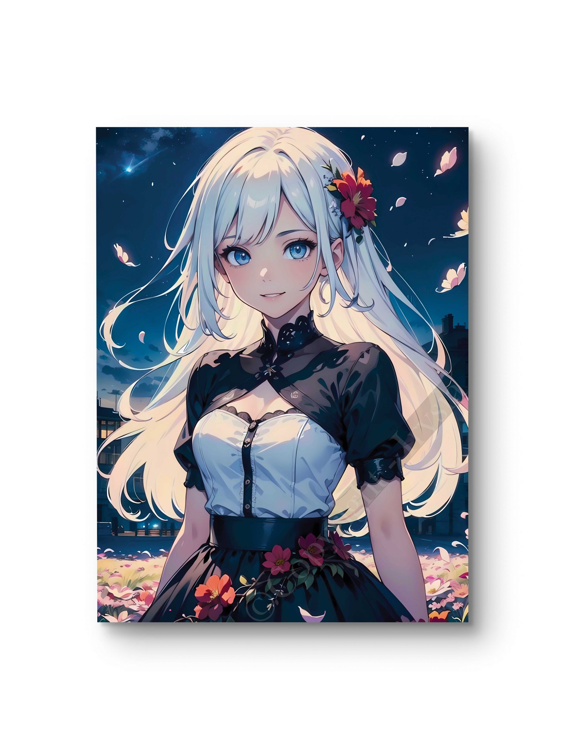 Tableau représentant un personnage féminin dans un univers fantasy, avec un ciel étoilé en arrière-plan.