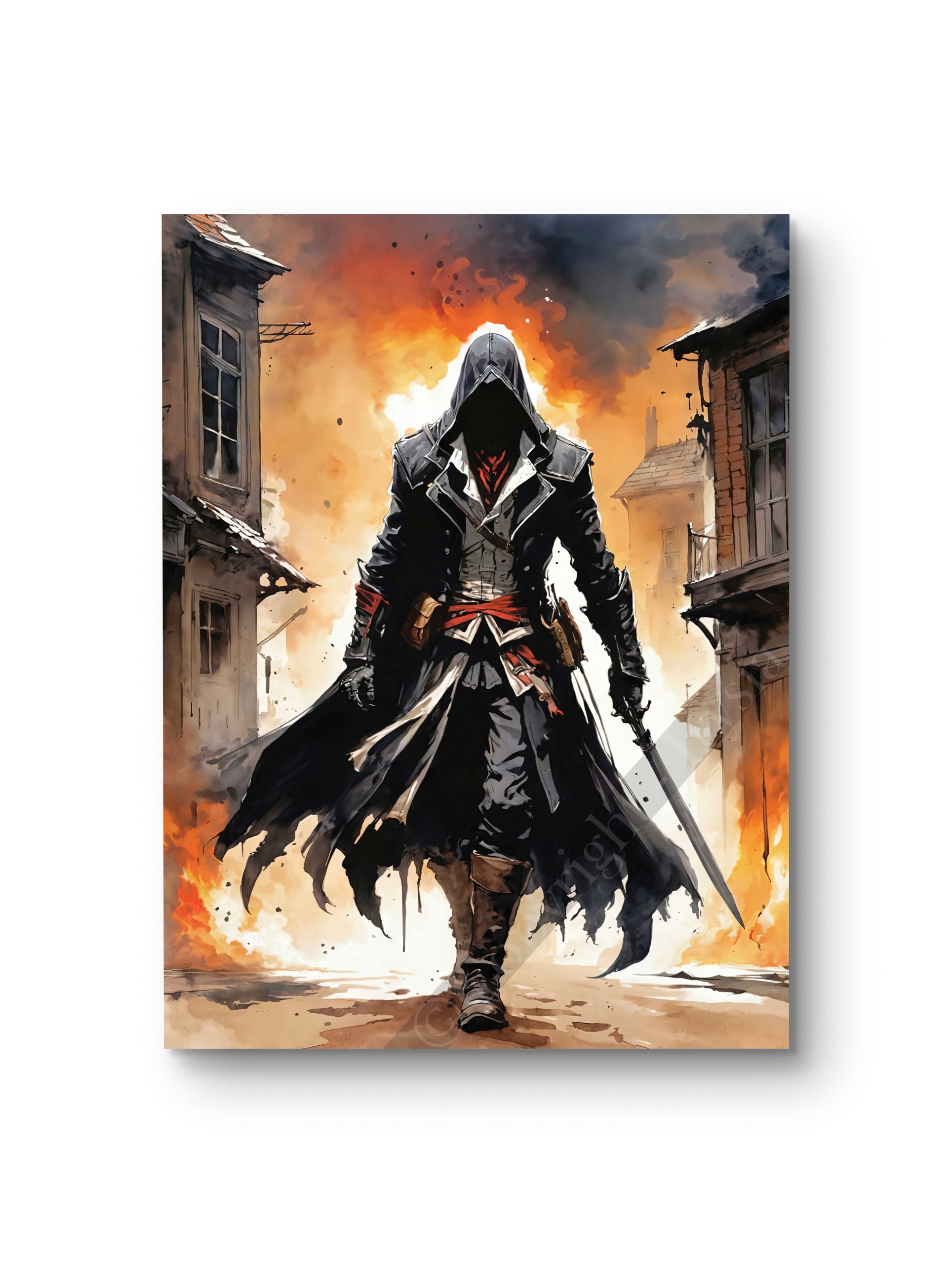 Tableau représentant un assassin encapuchonné avançant dans une ville en flammes, capturant l'intensité et le mystère.