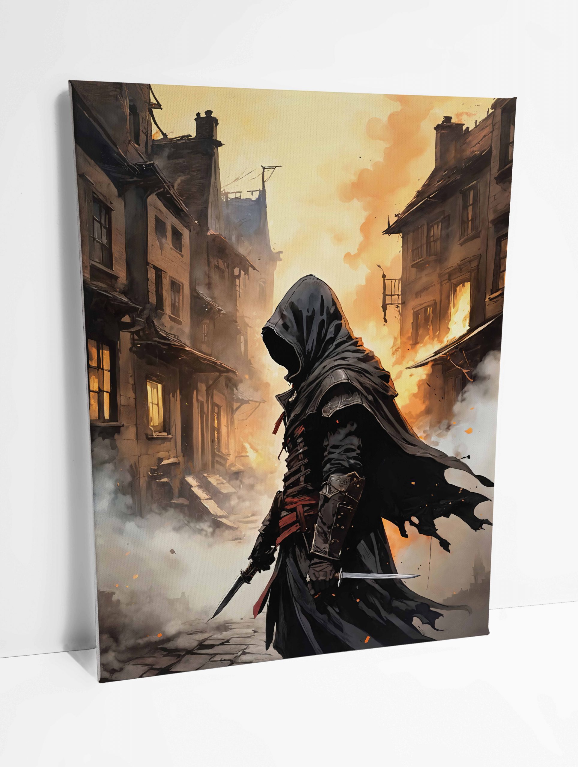 Tableau sur toile représentant un assassin solitaire dans une ville ancienne.