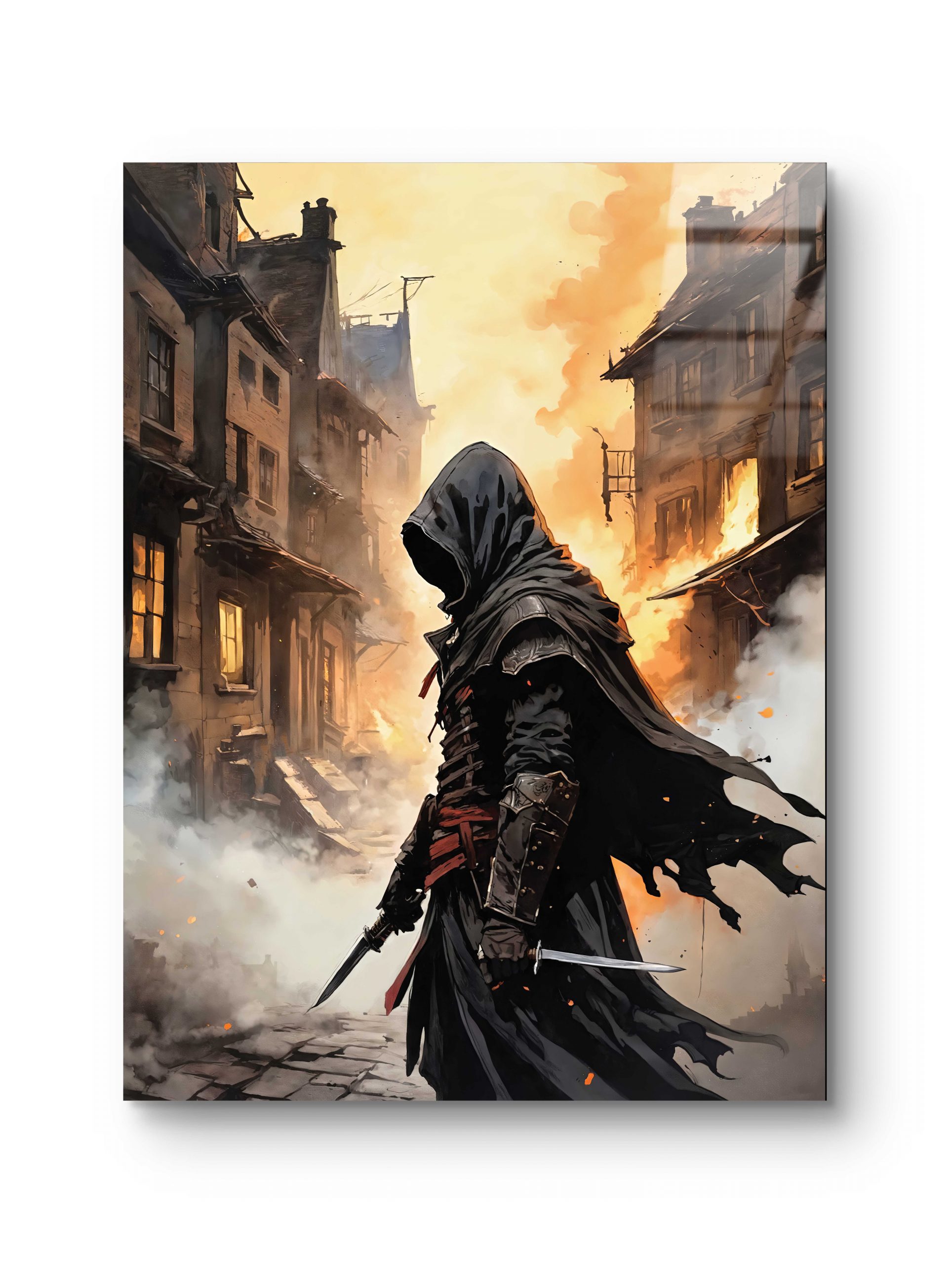 Tableau sur verre représentant un assassin solitaire dans une ville ancienne.