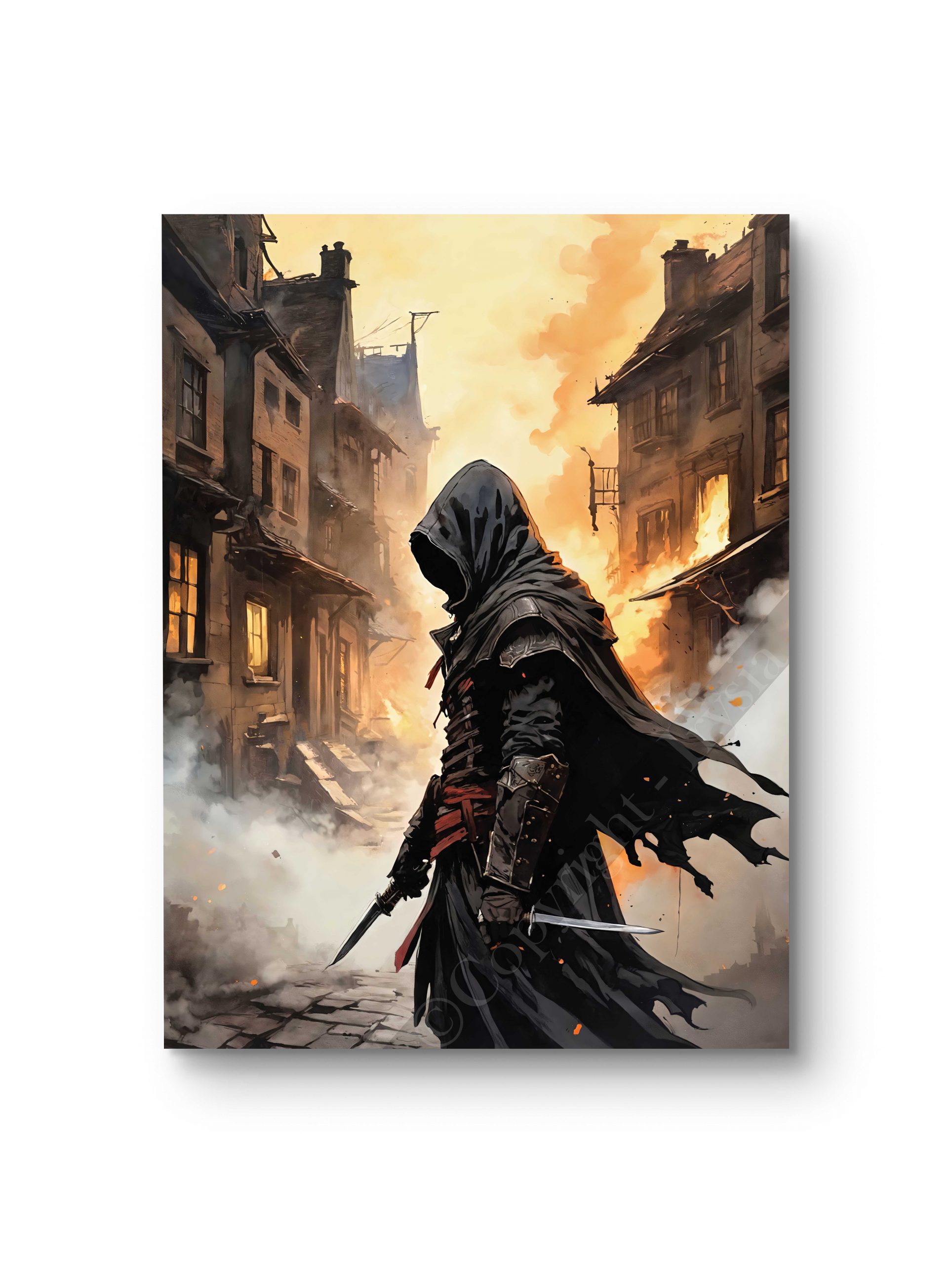 Tableau représentant un assassin solitaire dans une ville ancienne.