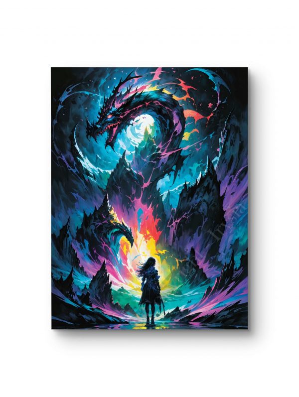 Tableau représentant un aventurier face à un dragon entouré d’énergies mystiques