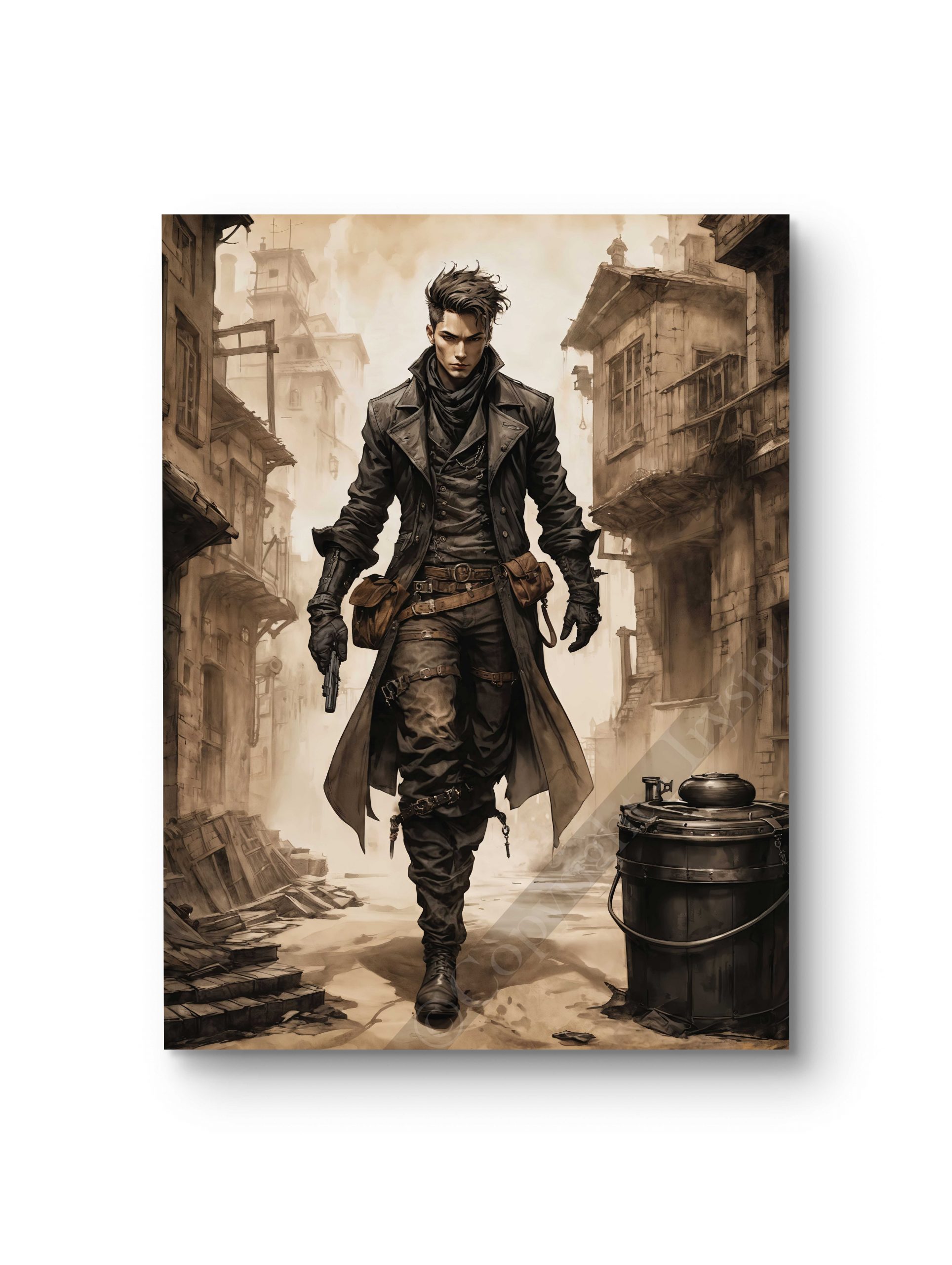 Tableau représentant un aventurier marchant dans une ruelle ancienne.