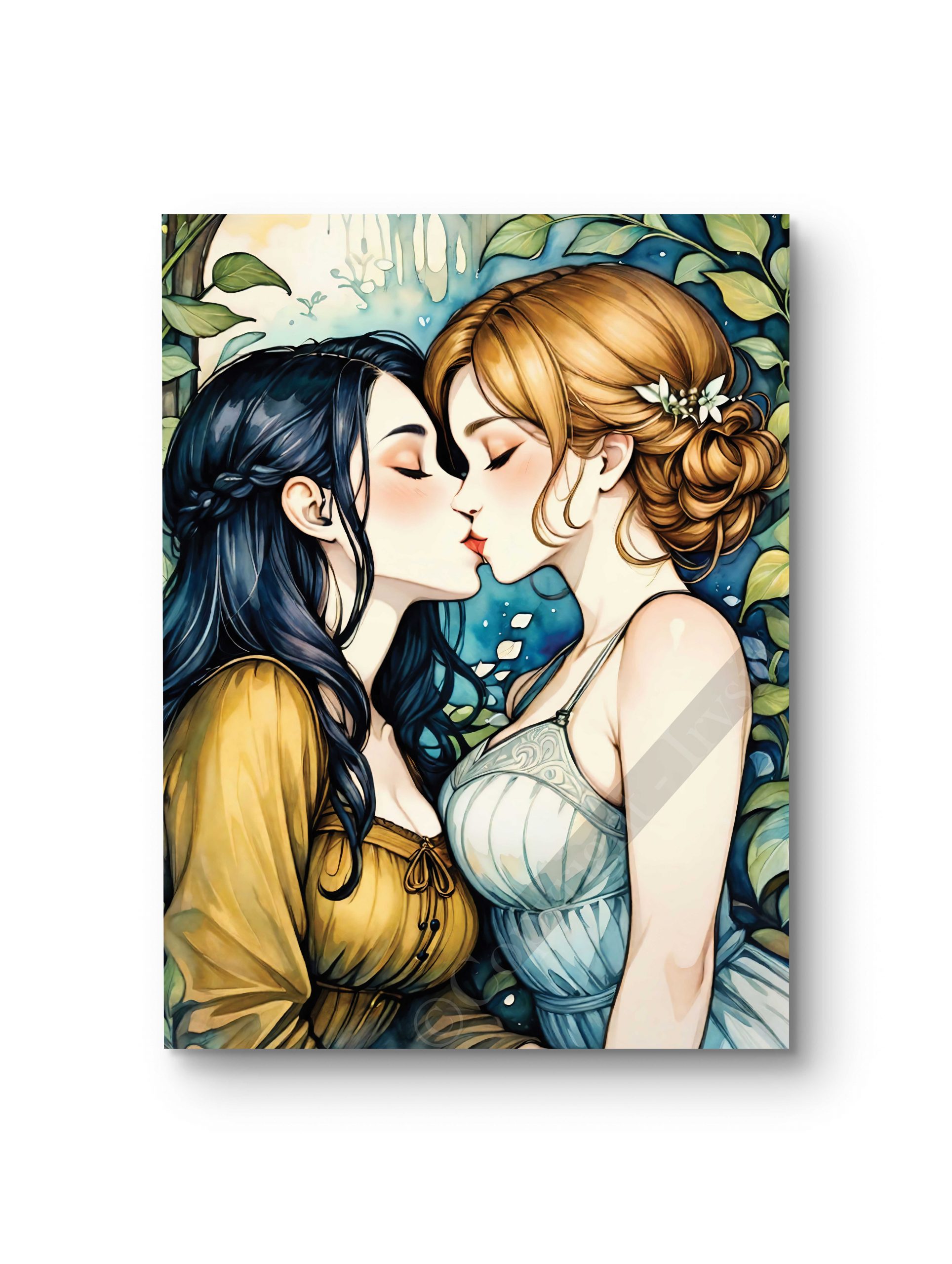 Tableau en style anime représentant deux jeunes femmes échangeant un baiser sous un décor enchanteur.
