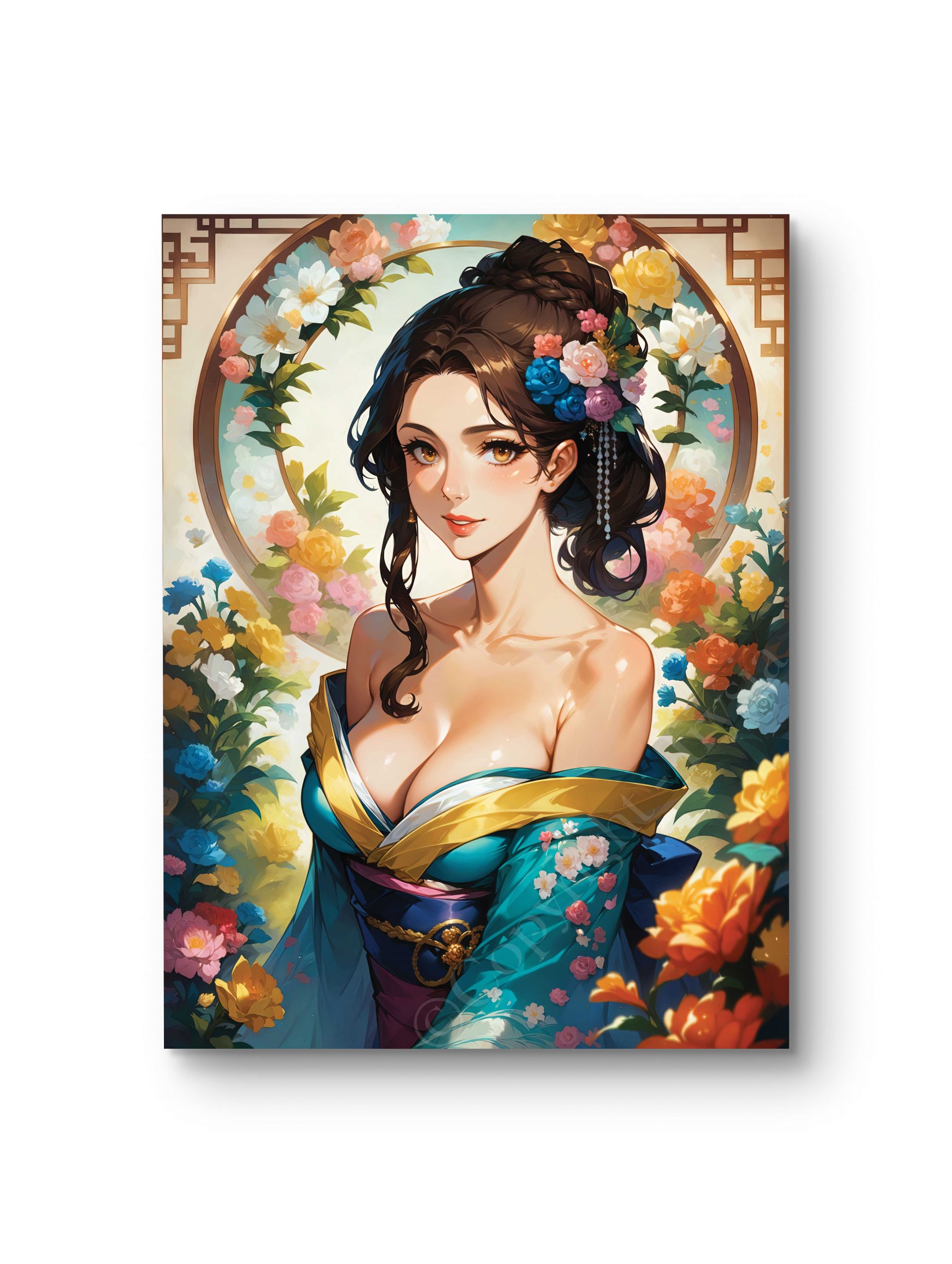 Tableau en style anime représentant une femme en kimono fleuri, entourée d’un cadre floral lumineux.