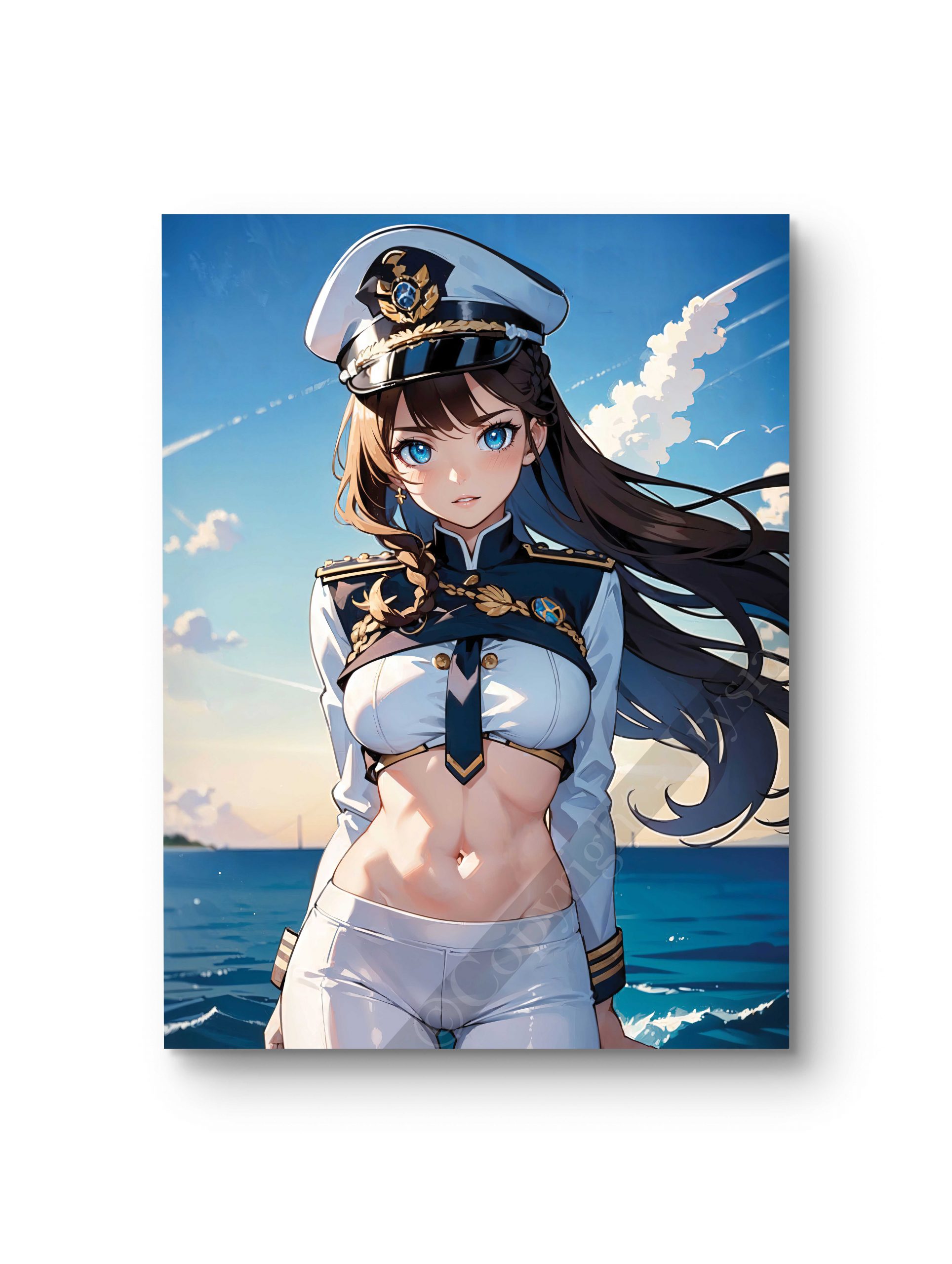 Tableau en style anime illustrant une capitaine imposante face à l’océan sous un ciel dégagé.