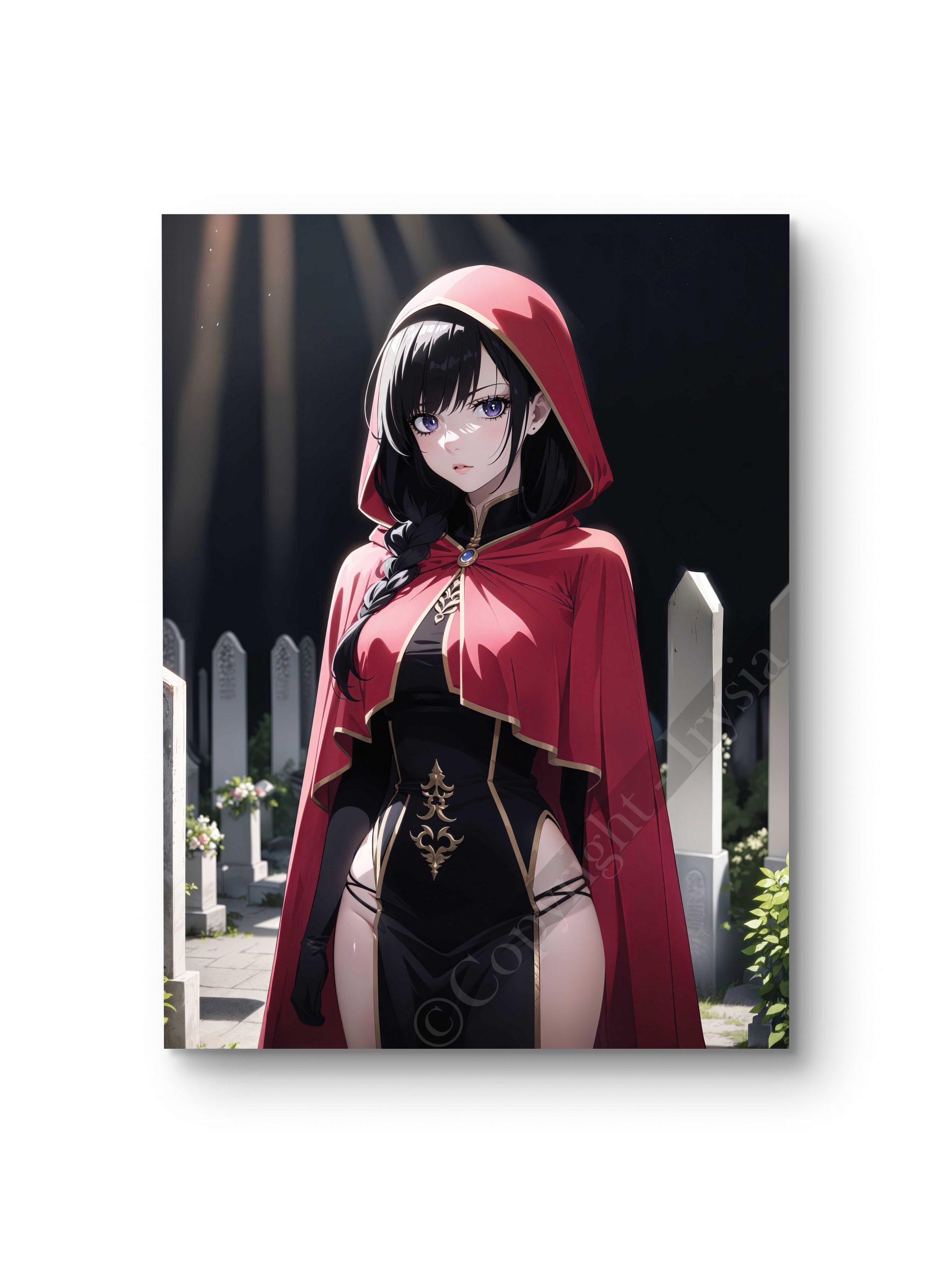 Tableau en style anime représentant une femme en cape rouge dans un cimetière éclairé par la lune.