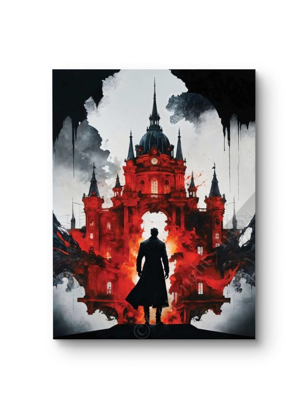 Tableau représentant un personnage face à une cathédrale illuminée de rouge dans un style dramatique.