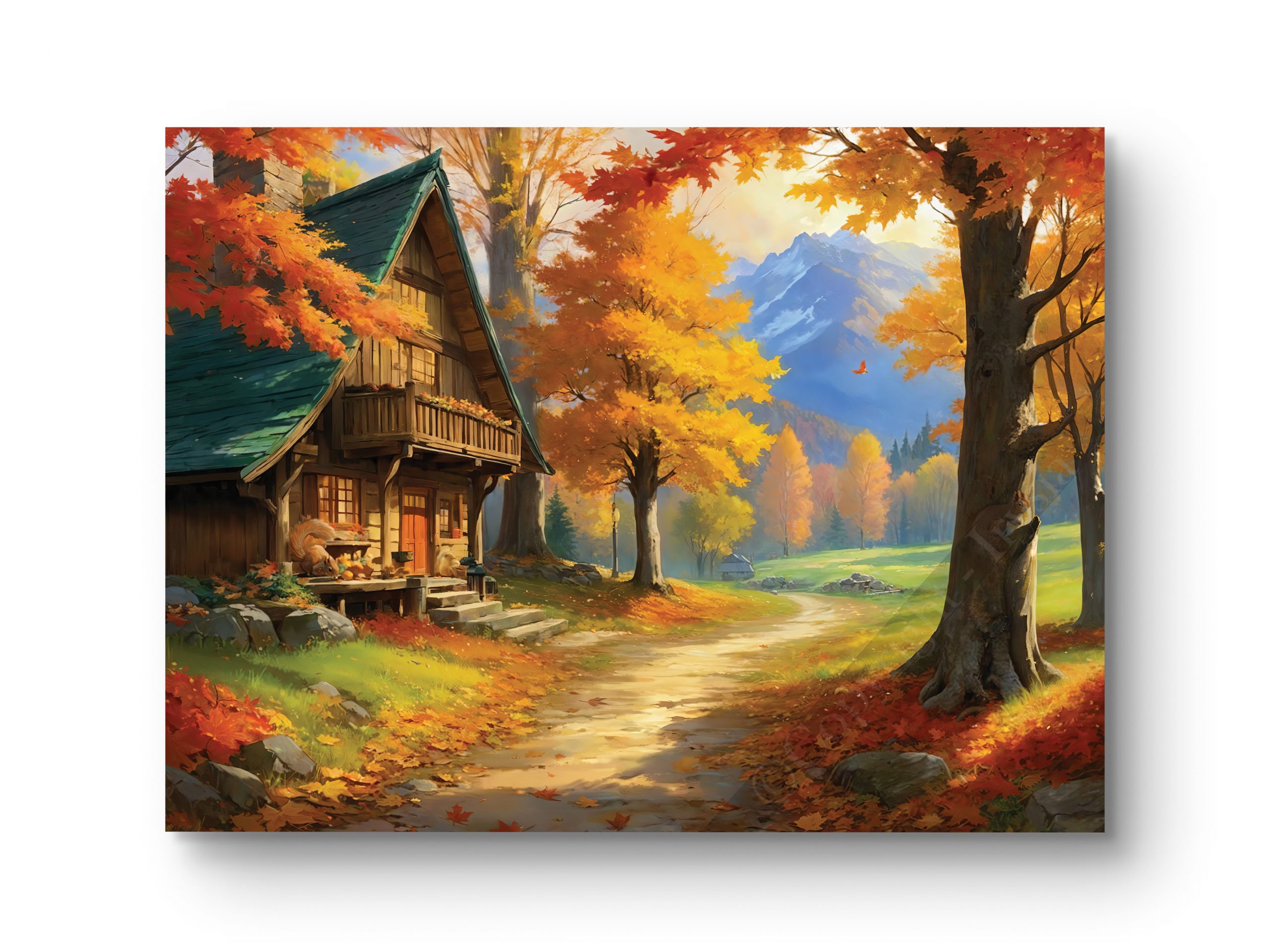 Tableau représentant un chalet en bois entouré de feuillages dorés, capturant l’essence de l’automne.