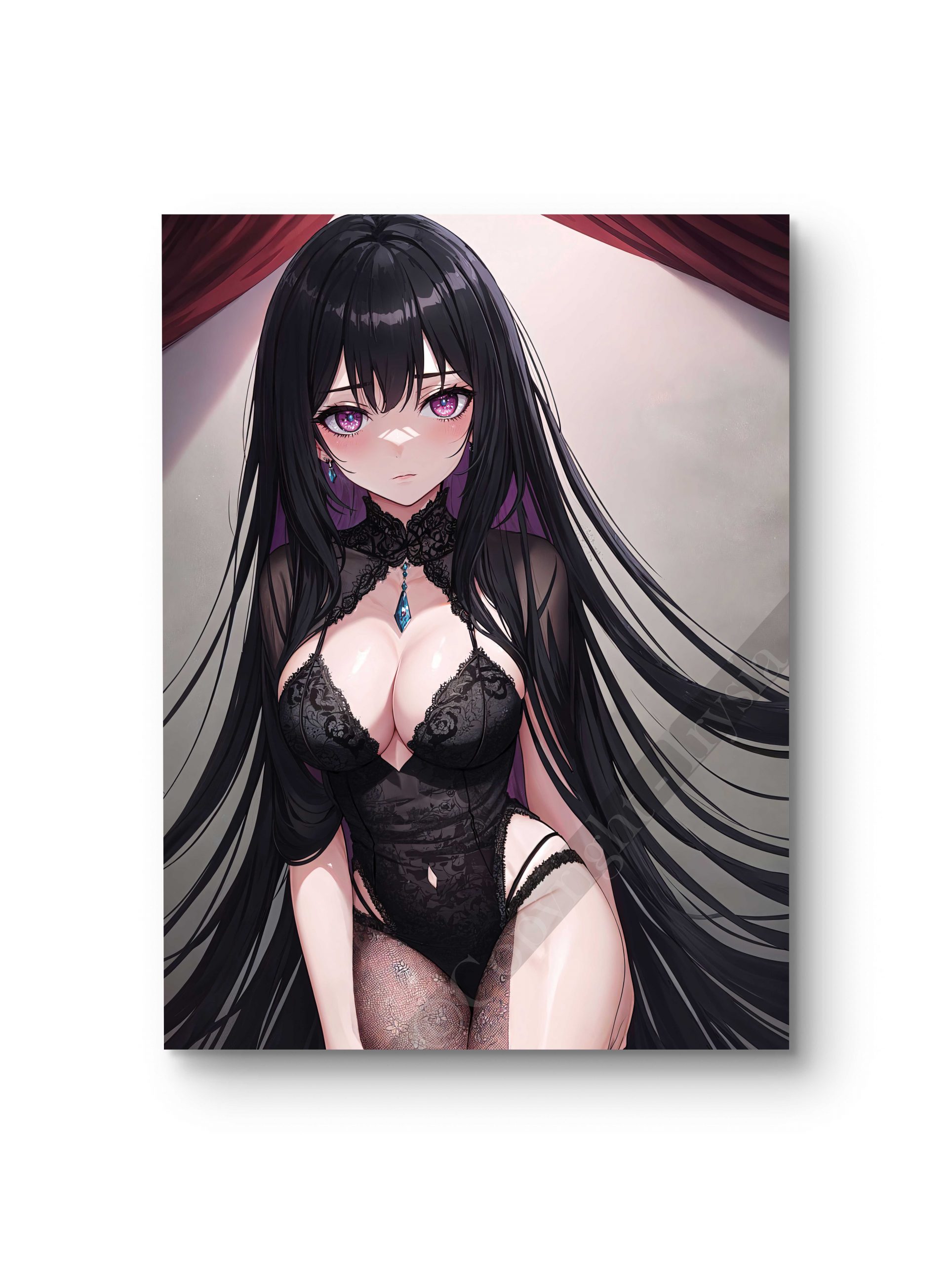 Tableau en style anime illustrant une femme vêtue de noir avec un regard captivant et mystérieux.