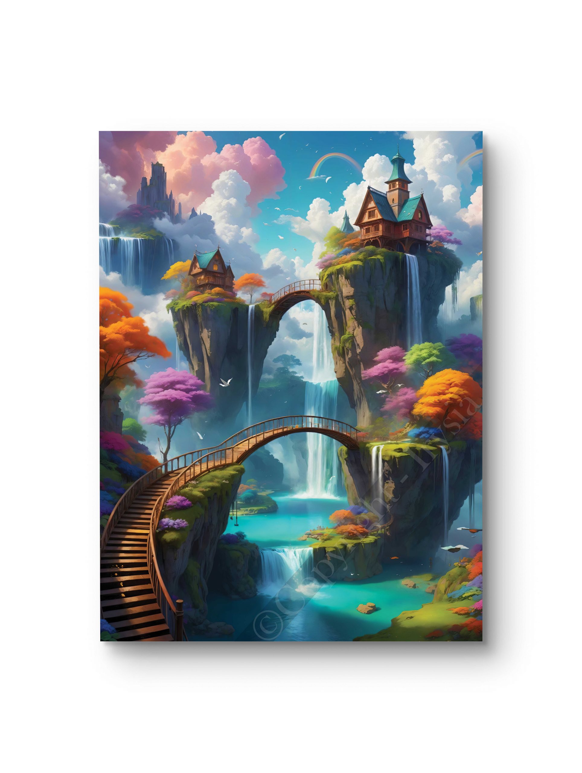 Tableau représentant un château suspendu entre les nuages au-dessus d’un lac cristallin