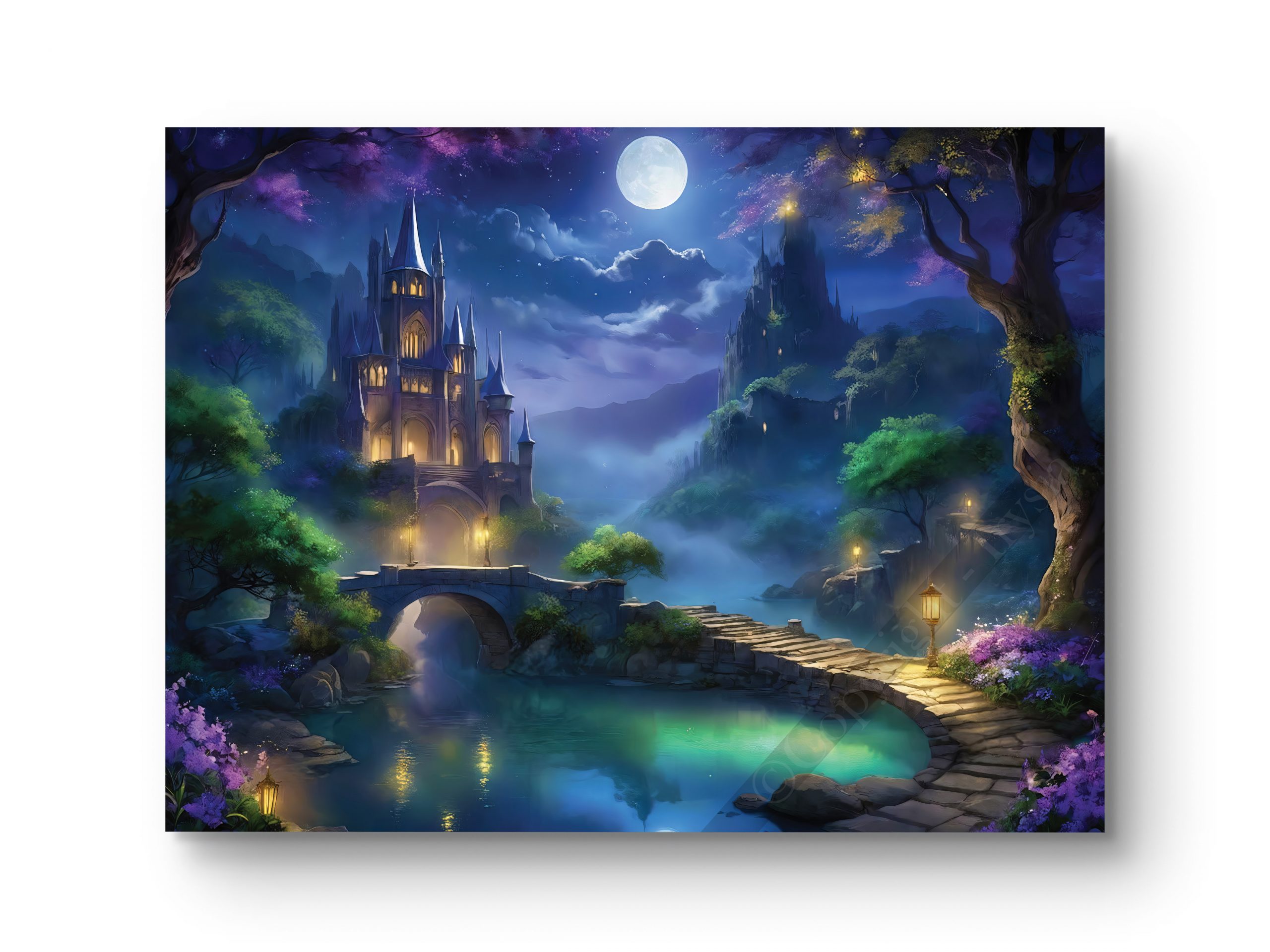 Tableau représentant un château mystique illuminé par la lune, créant une ambiance magique.