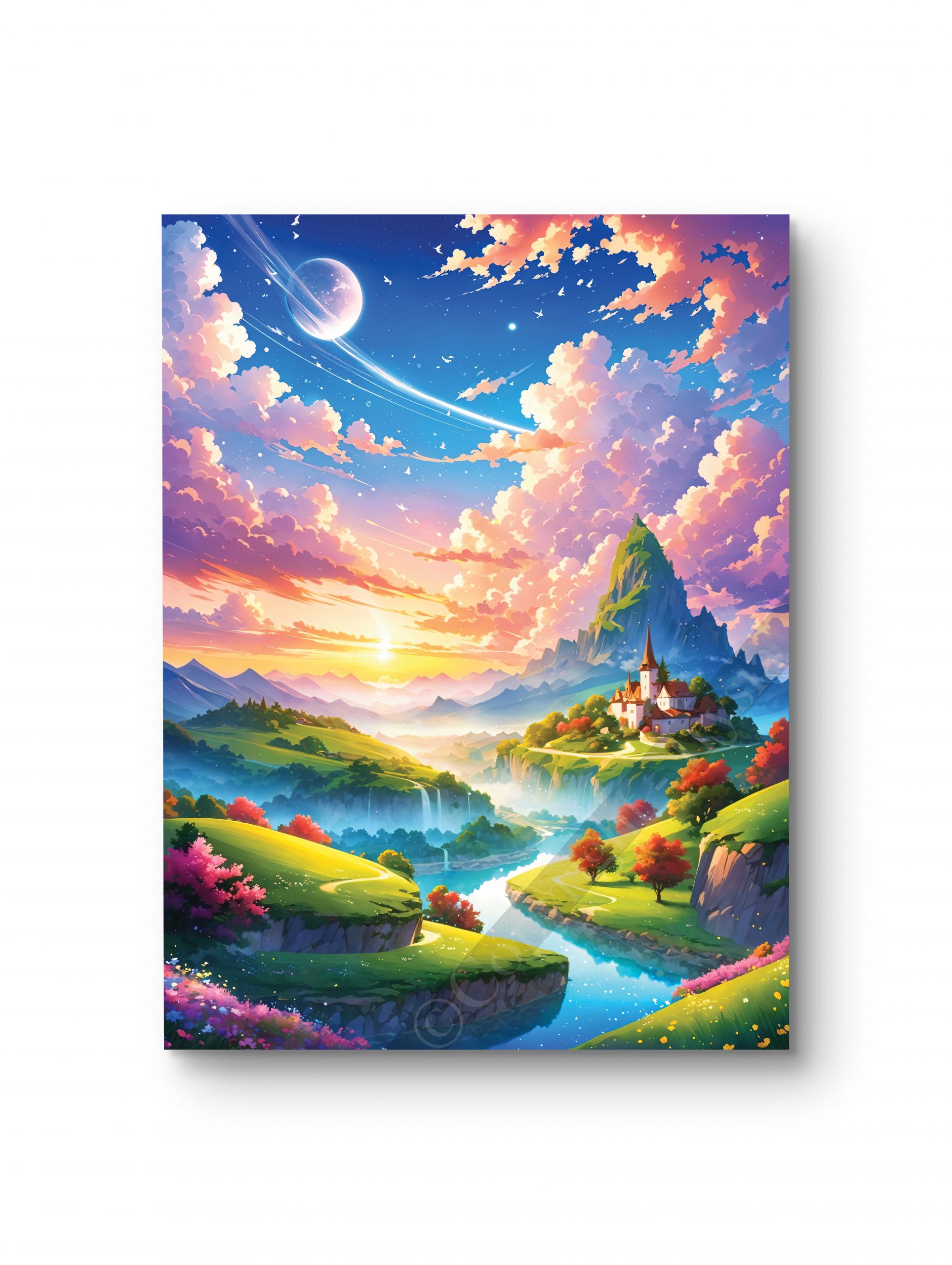 Tableau représentant un château niché dans une vallée enchantée sous une lumière dorée