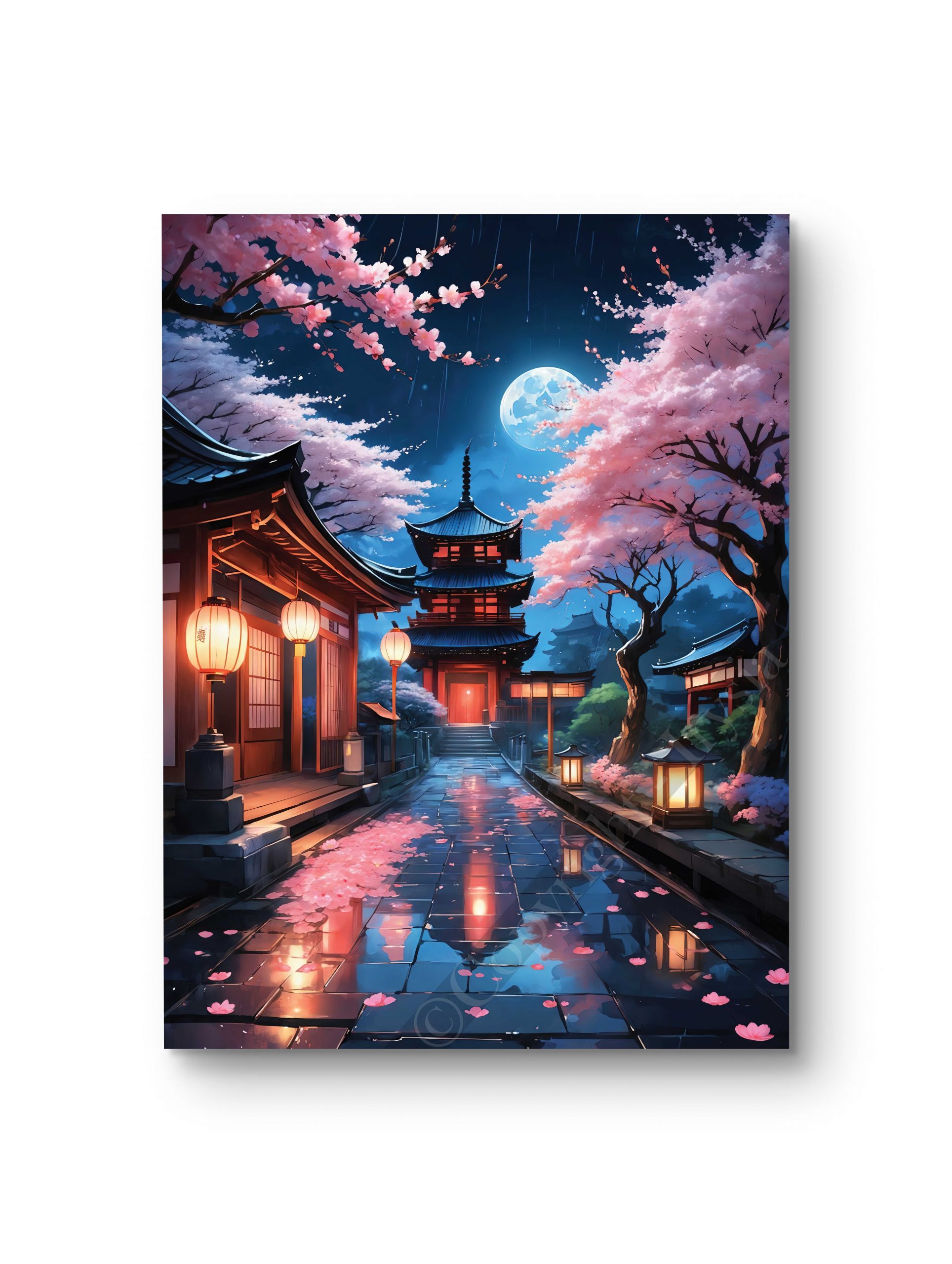 Tableau représentant un chemin japonais bordé de lanternes et de cerisiers en fleurs.