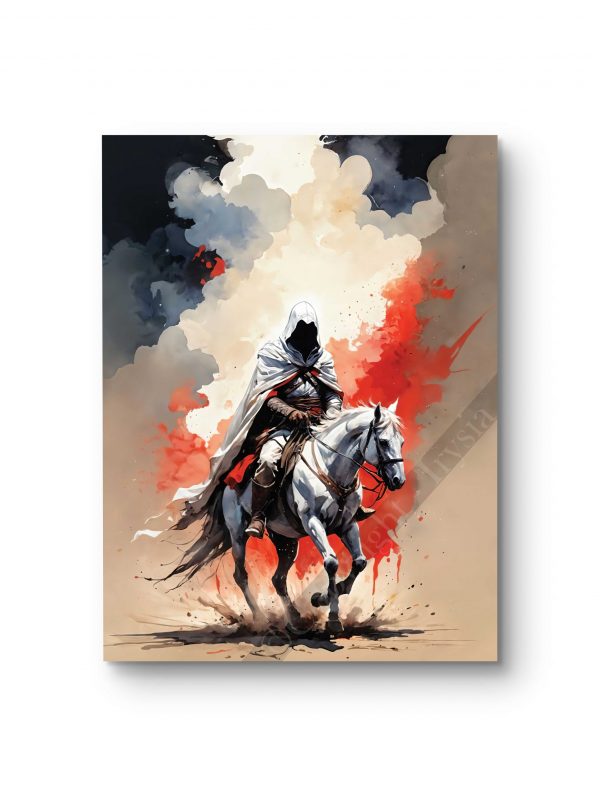 Tableau représentant un chevalier en armure blanche sur un cheval, en pleine bataille.