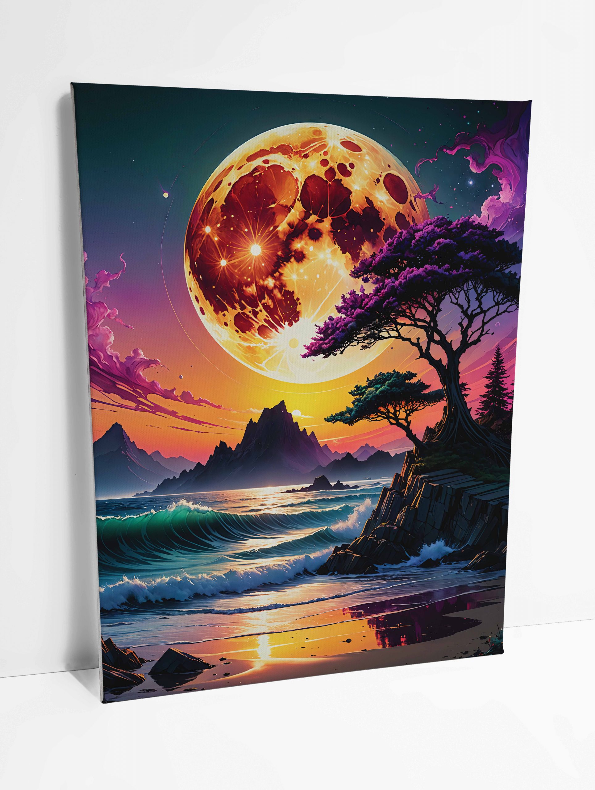 Tableau sur toile représentant un coucher de lune flamboyant sur une côte sauvage