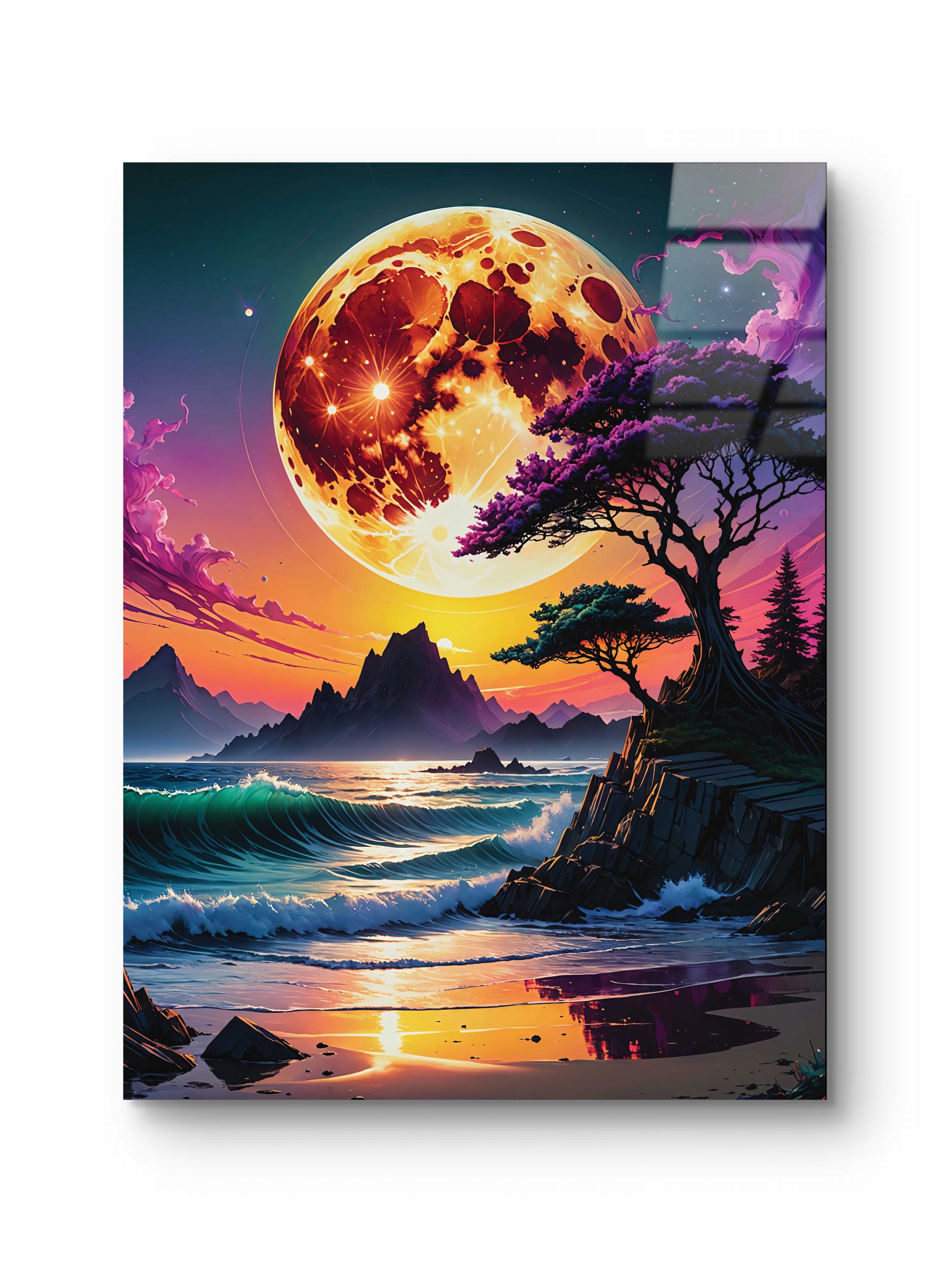 Tableau sur verre représentant un coucher de lune flamboyant sur une côte sauvage