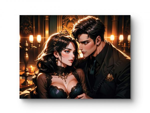 Tableau représentant un couple romantique sous une lumière dorée et un décor luxueux.