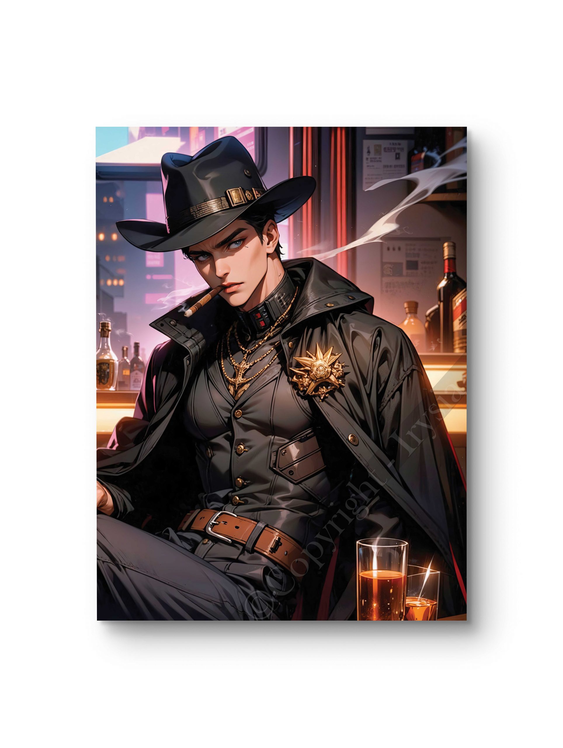Tableau représentant un cow-boy mystérieux en tenue sombre, assis dans un bar tamisé.