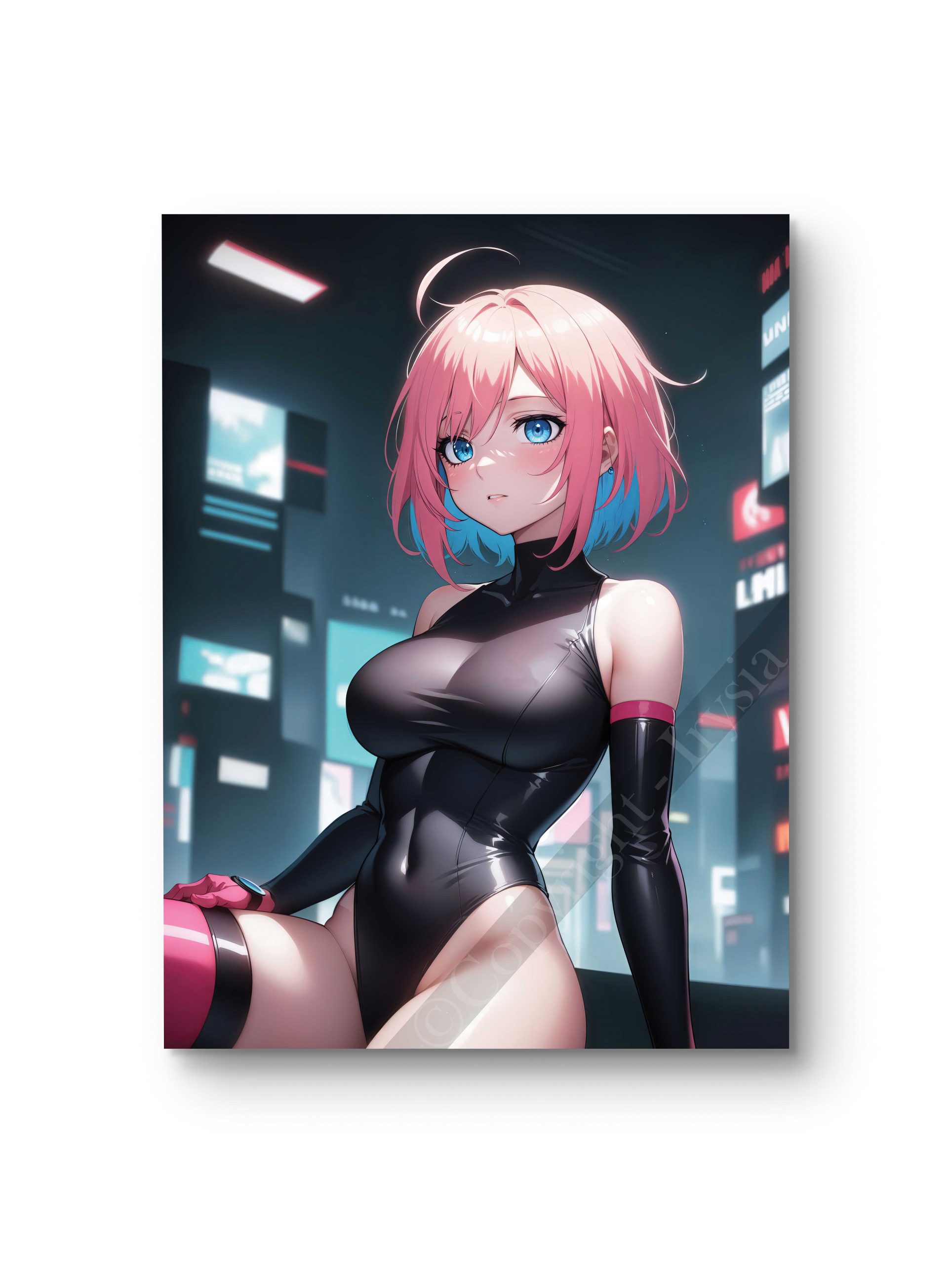 Tableau en style anime représentant une cyber espionne en tenue noire dans un décor high-tech futuriste.