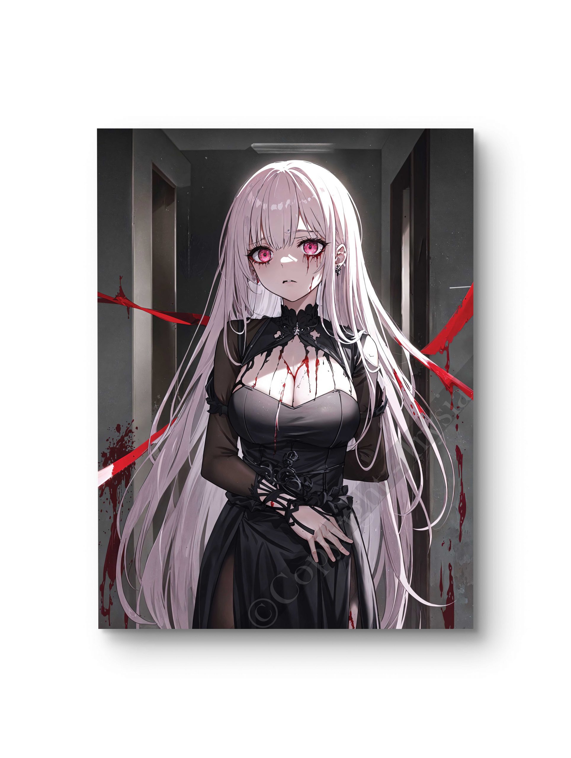 Tableau en style anime représentant une femme en tenue noire dans une atmosphère sombre et intrigante.