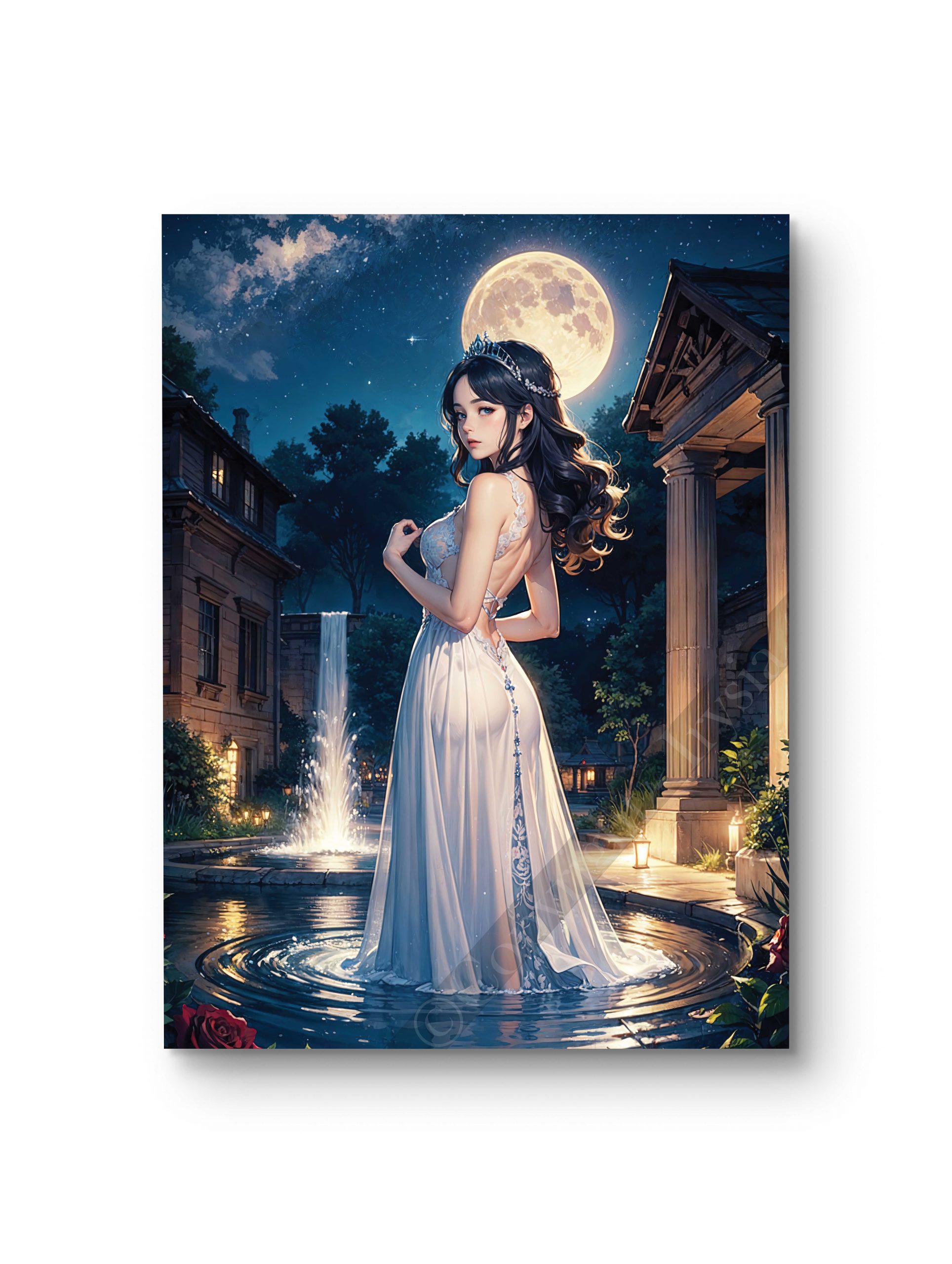 Tableau en style anime illustrant une danseuse en robe blanche sous la lumière de la pleine lune.