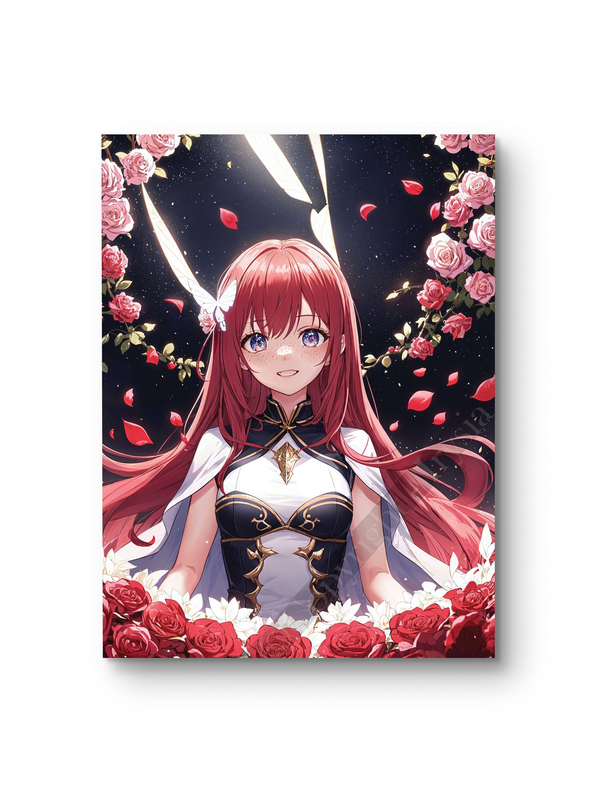 Tableau en style anime représentant une danseuse entourée de pétales de roses dans un décor romantique.