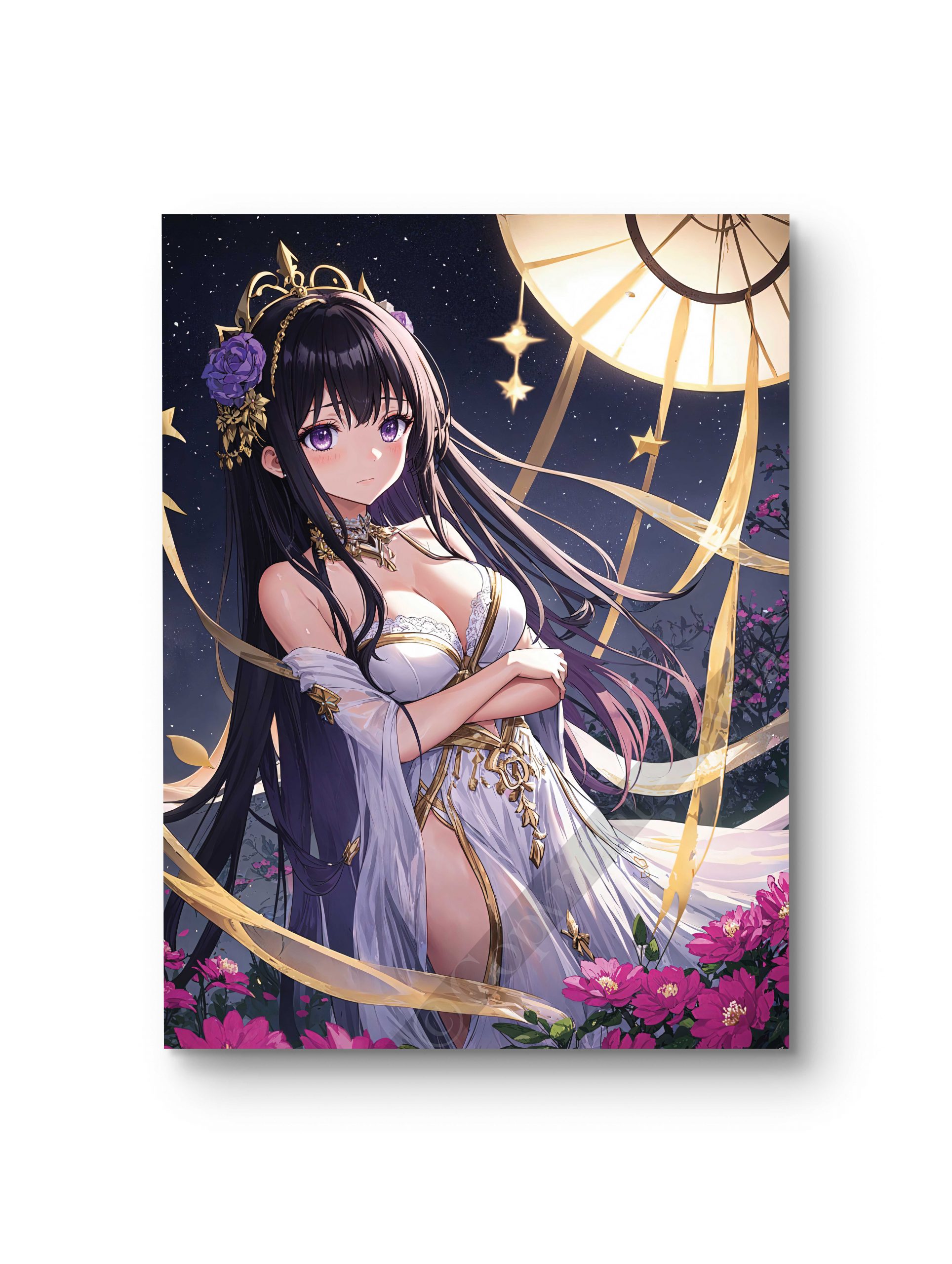 Tableau en style anime représentant une femme céleste entourée de constellations dorées.