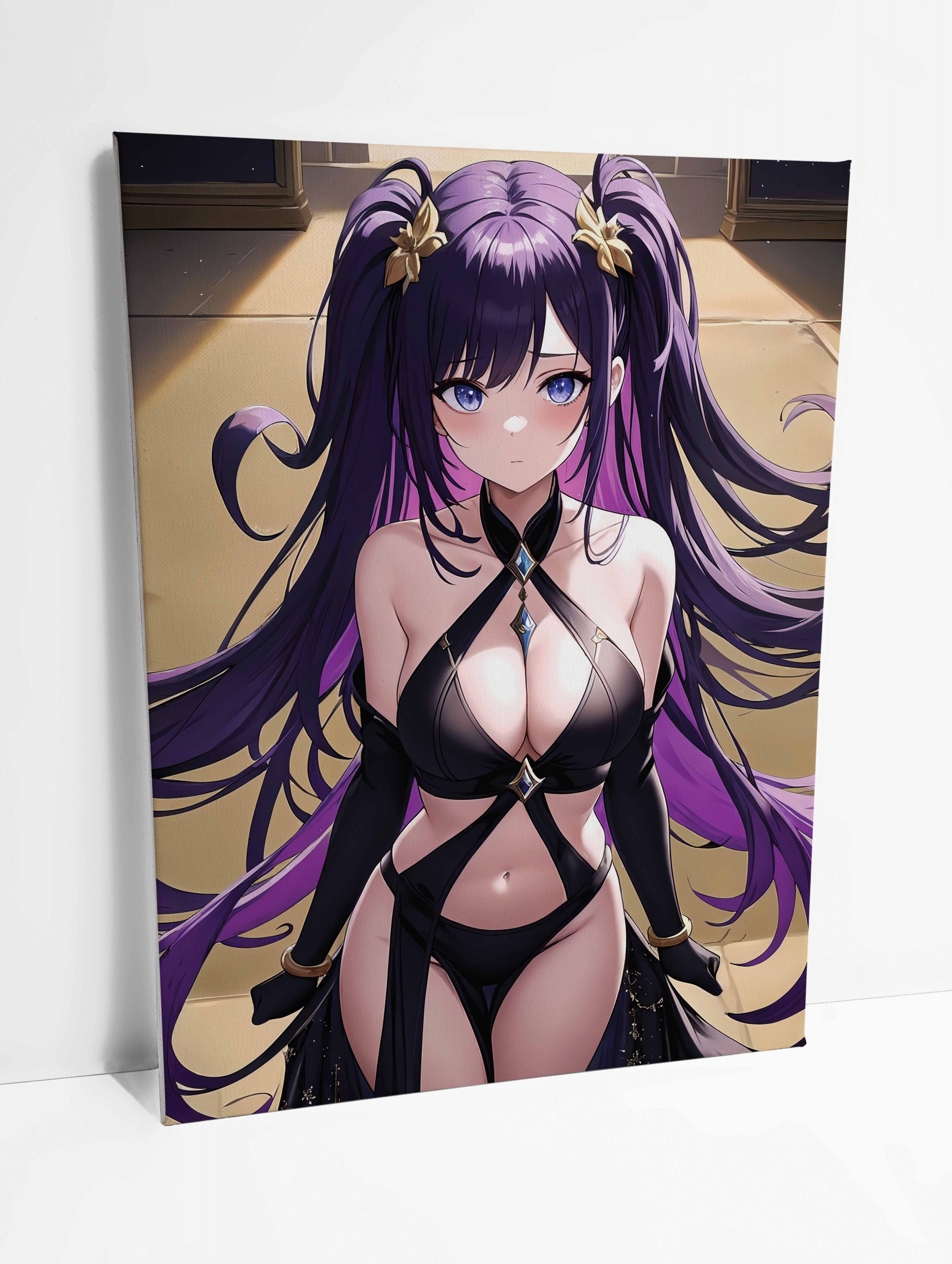 Tableau sur toile en style anime illustrant une femme au regard intense vêtue d’une tenue sombre et élégante.