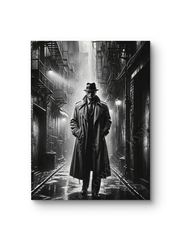 Tableau représentant un détective marchant dans une ruelle sombre, ambiance inspirée des films noirs.