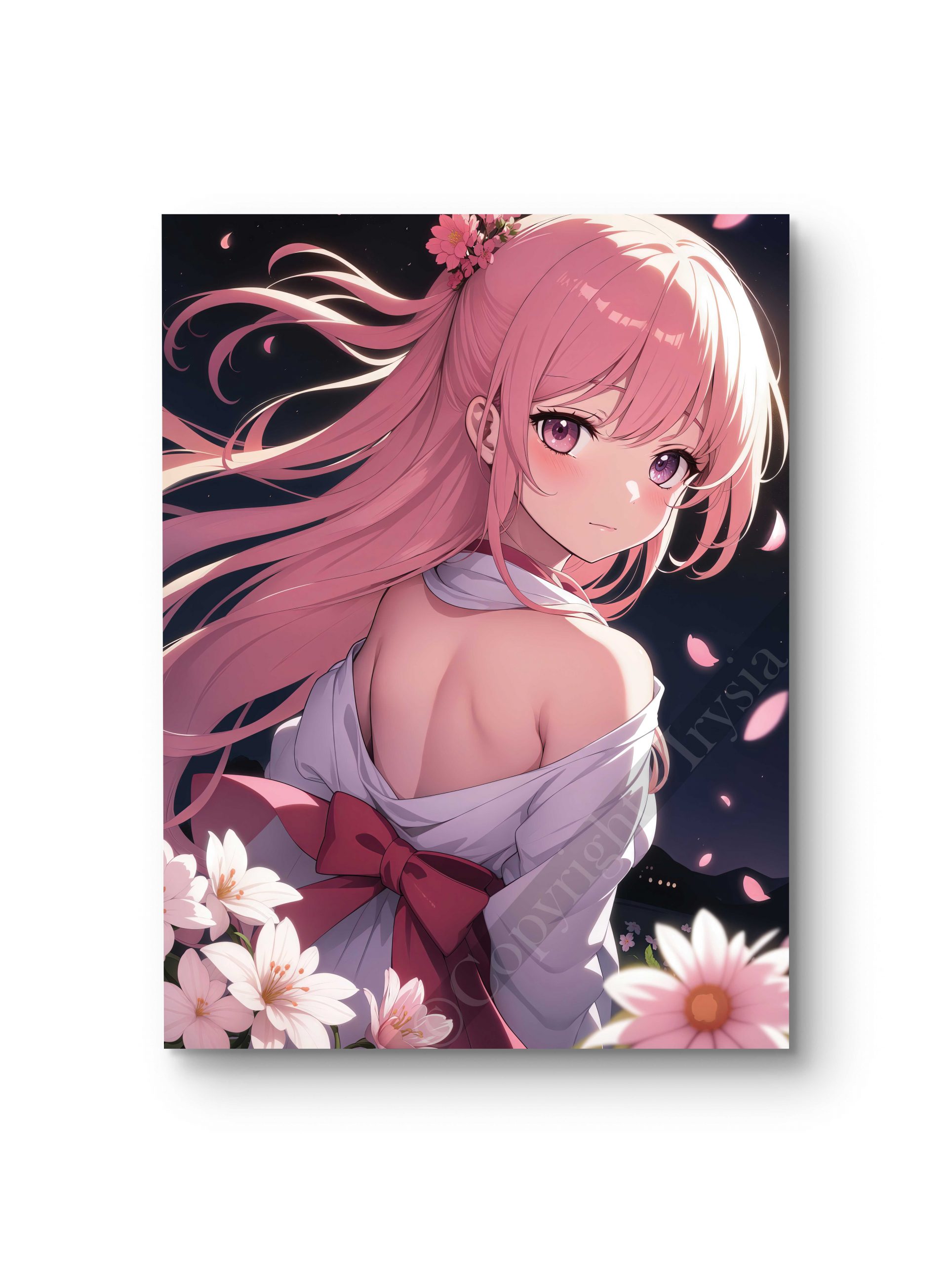 Tableau en style anime illustrant une jeune femme sous la lumière printanière, entourée de fleurs.