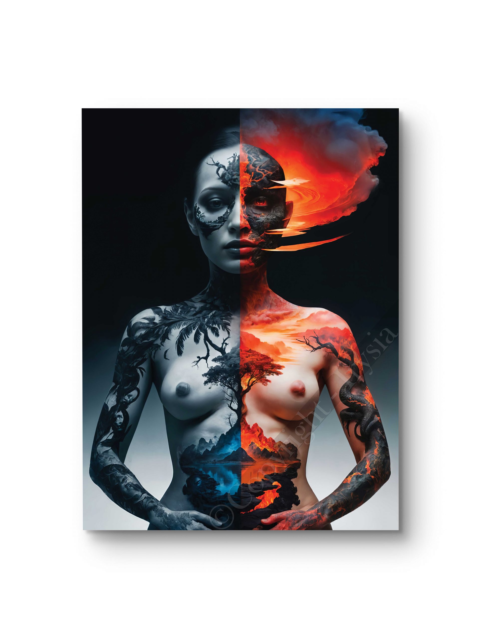 Tableau représentant une silhouette humaine fusionnée avec le feu et l’ombre