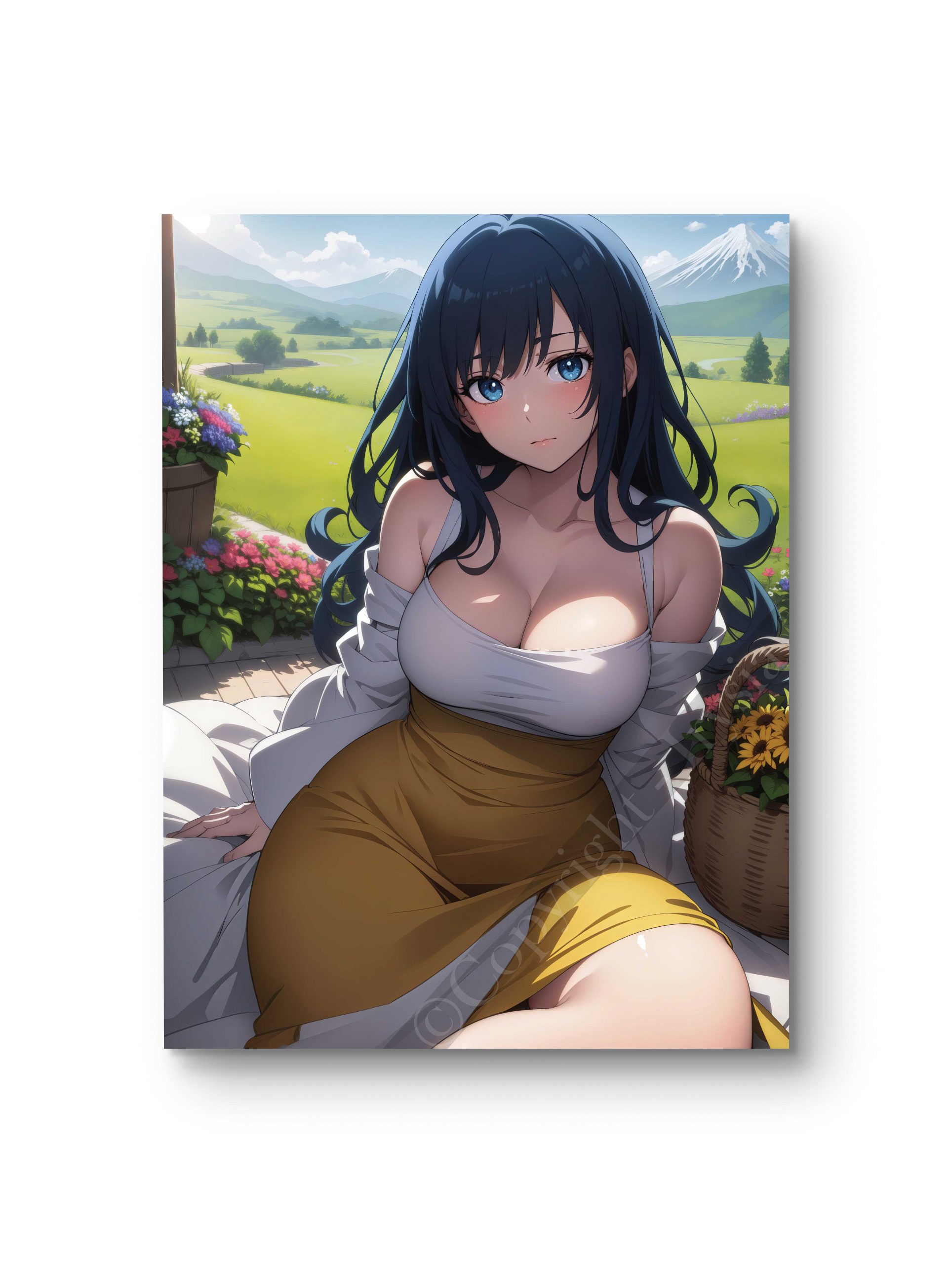 Tableau en style anime représentant une femme assise dans un champ, entourée d’un paysage lumineux.