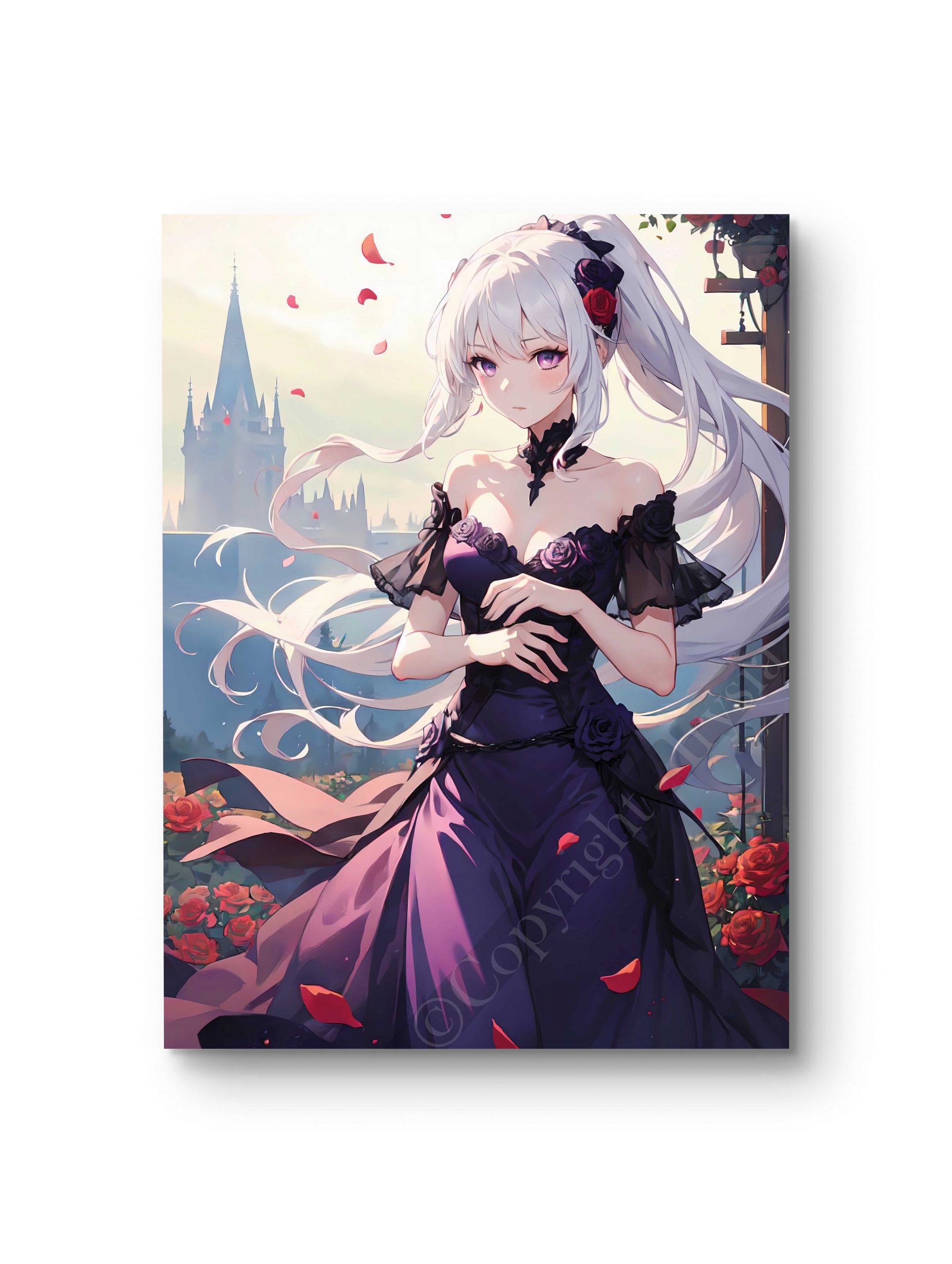 Tableau en style anime illustrant une femme élégante vêtue de noir dans un décor romantique.