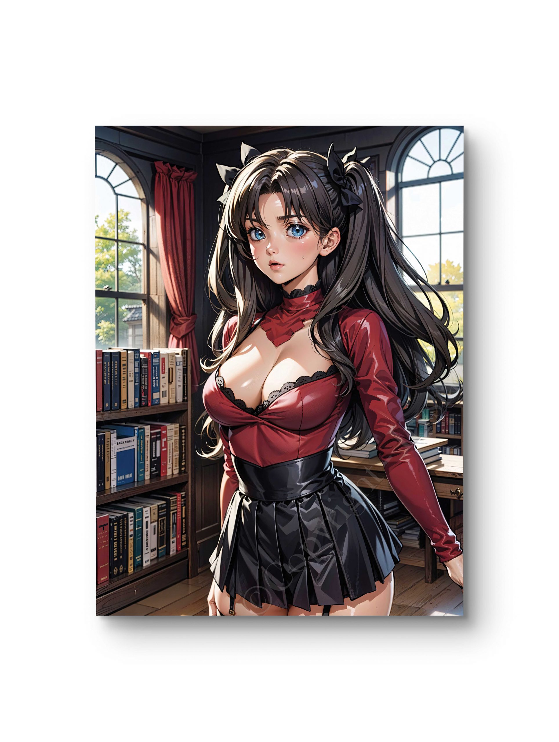 Tableau en style anime représentant une jeune femme élégante dans une bibliothèque lumineuse.