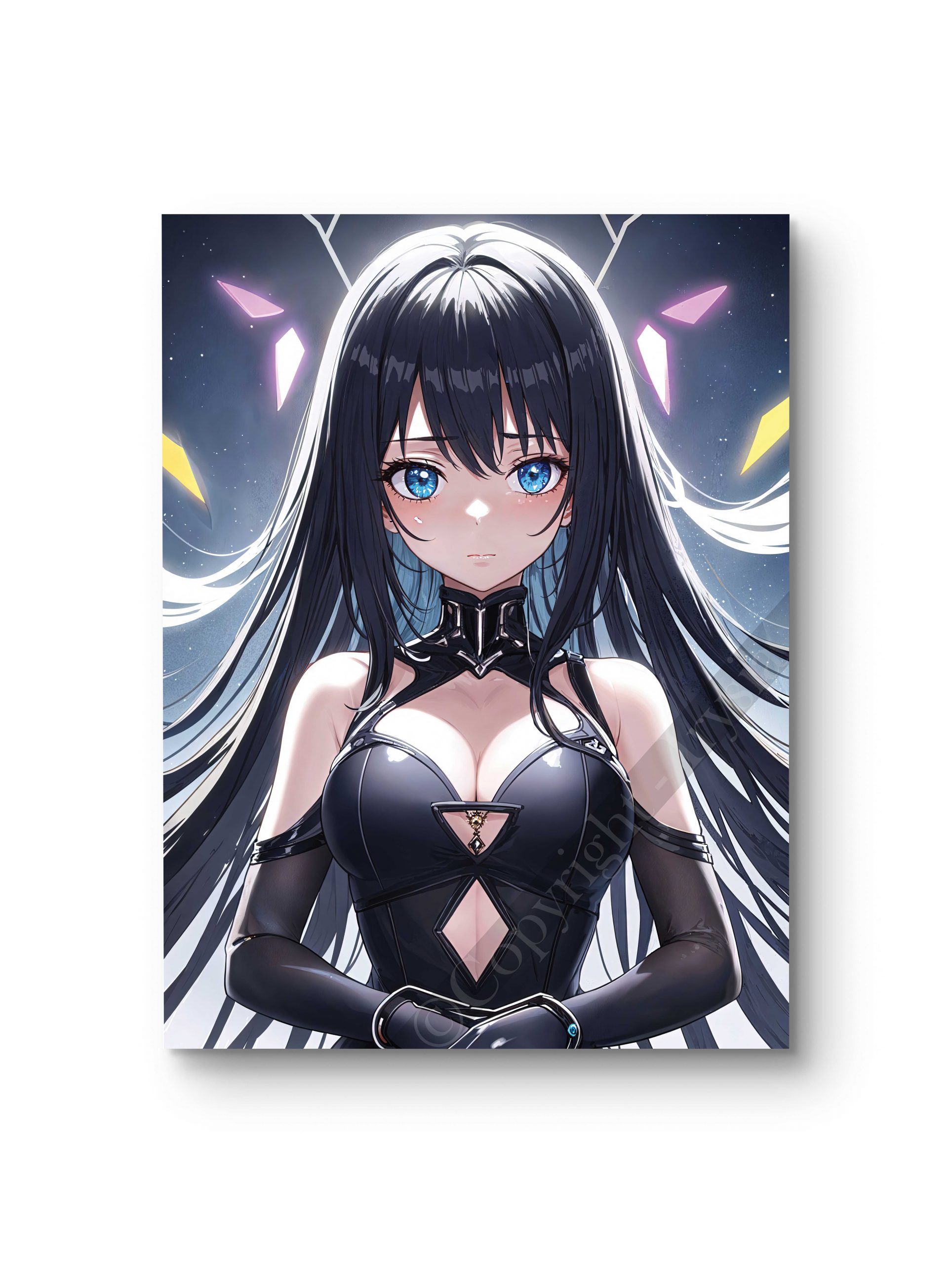 Tableau en style anime illustrant une femme aux cheveux sombres entourée d’une aura lumineuse.