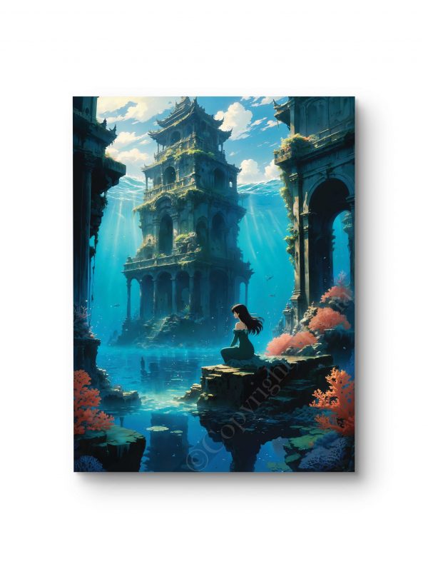 Tableau représentant une exploratrice face à un temple sous-marin mystérieux