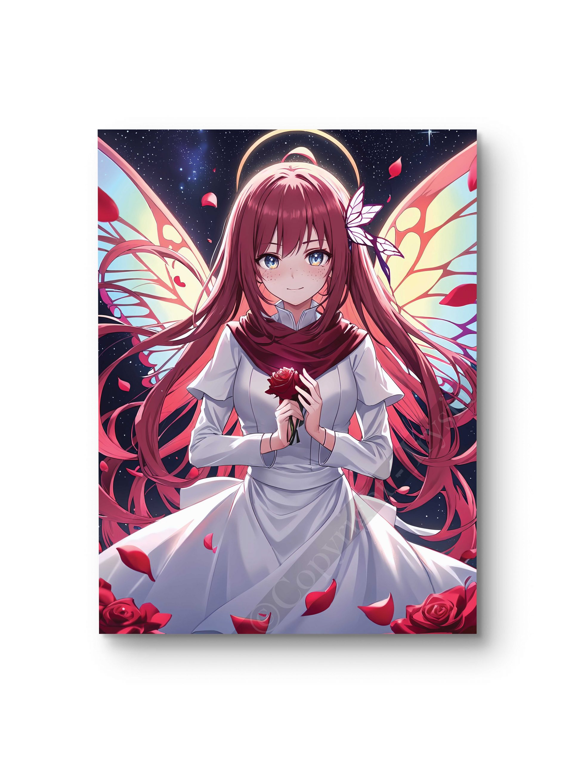 Tableau en style anime représentant une fée céleste flottant dans un décor féerique.