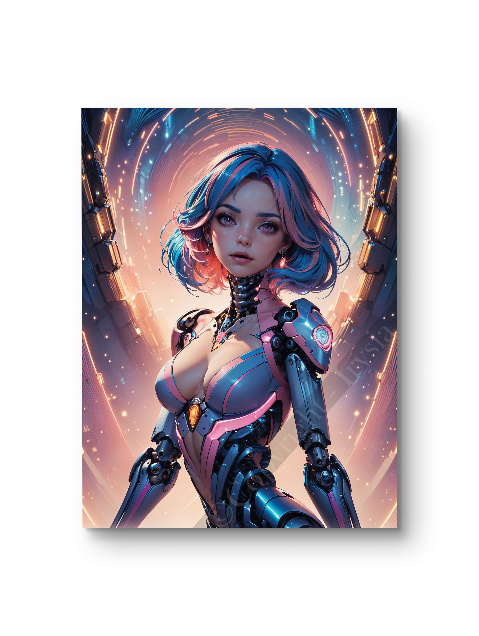 Tableau représentant une femme androïde dans un univers cyberpunk