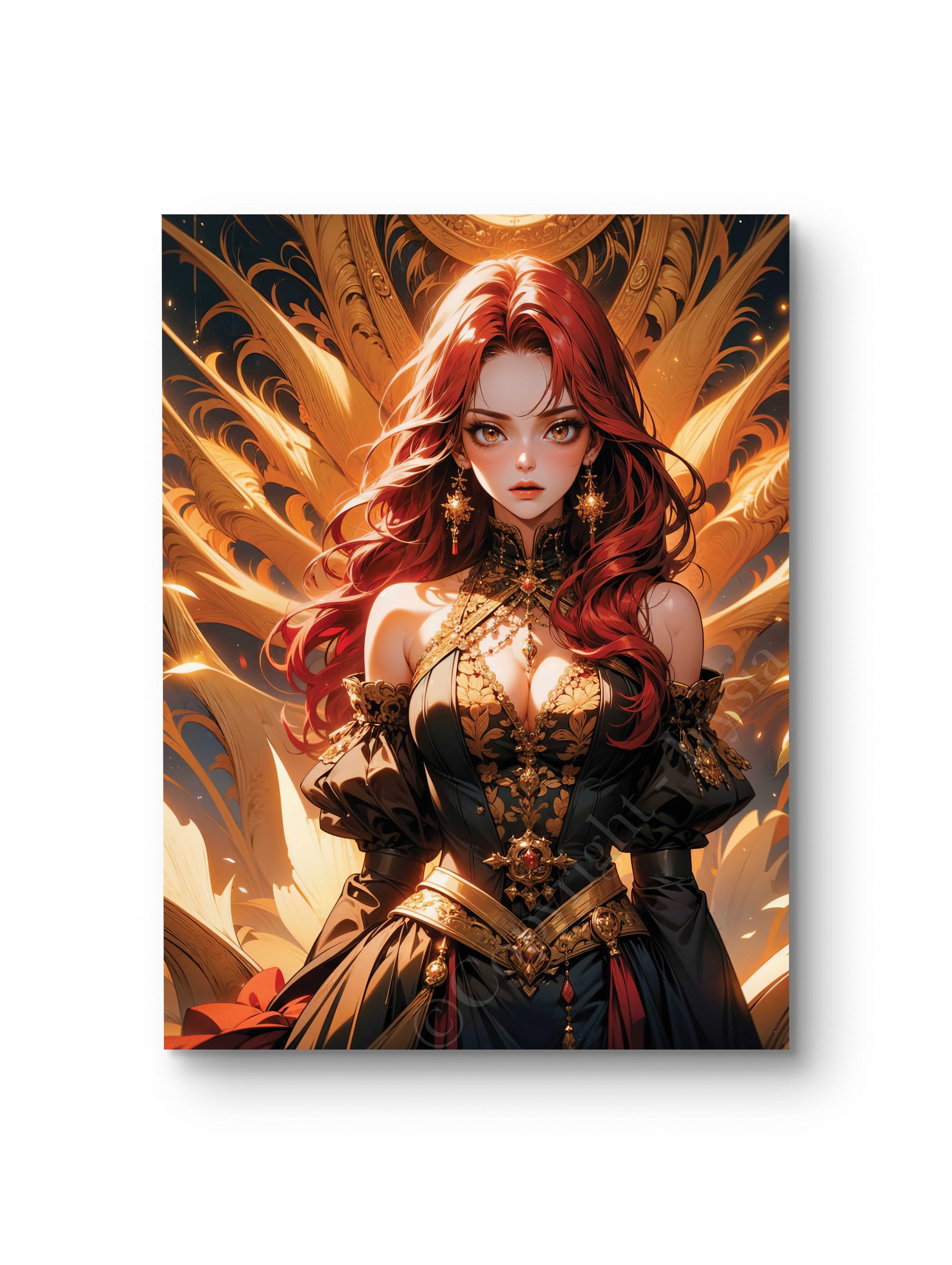 Tableau représentant une femme en armure avec une chevelure flamboyante