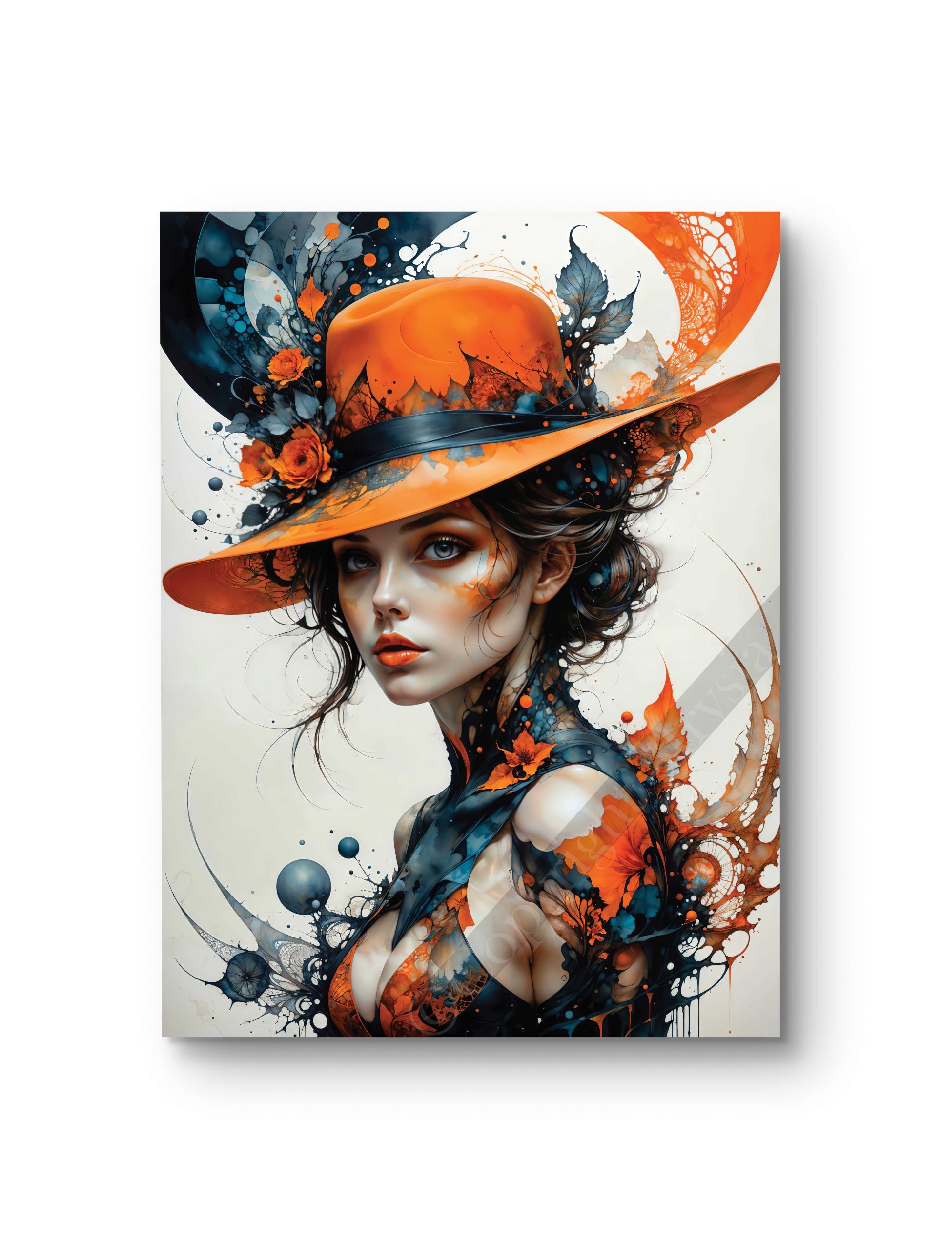 Tableau représentant une femme au regard intense sous un chapeau orange flamboyant, dans un style artistique sophistiqué