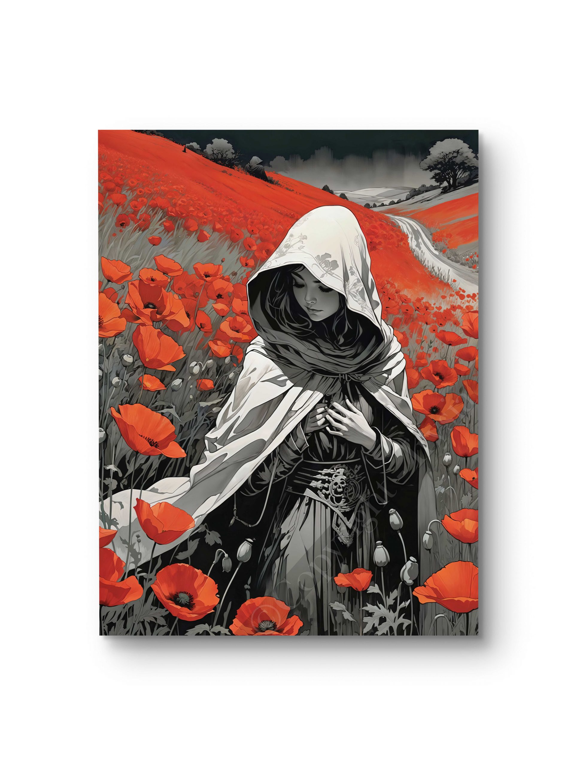 Tableau illustrant une femme en cape blanche dans un champ de coquelicots éclatants.