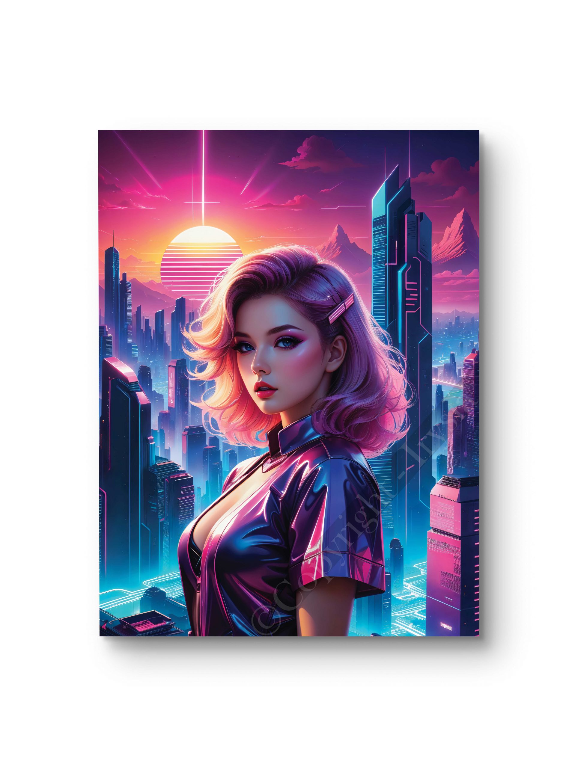 Tableau représentant une femme stylisée face à une ville cyberpunk illuminée par un coucher de soleil néon.
